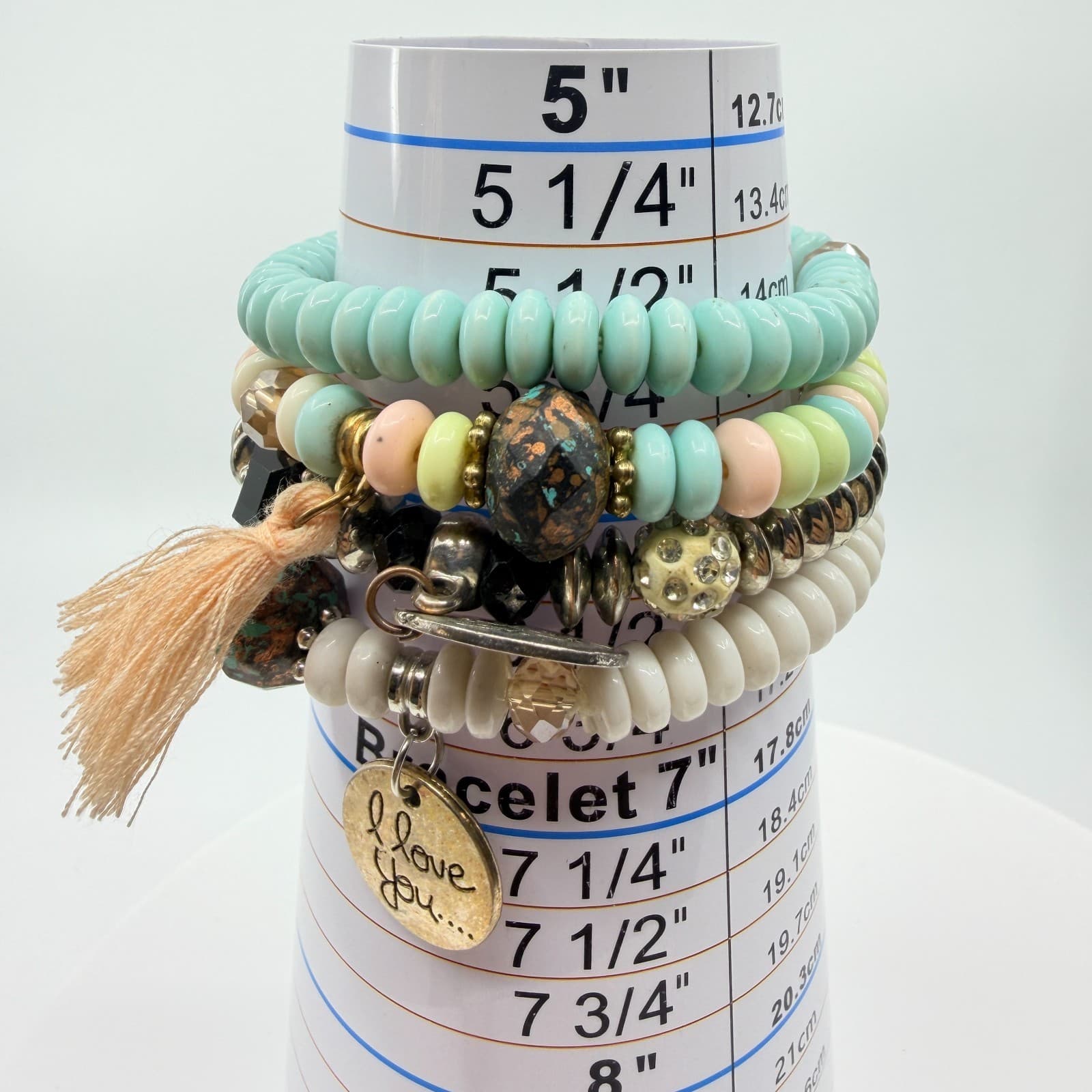VTG Y2K Pastel Beaded 4 Pc Stack Bracelets I Love You Charms Boho Multi-Strand - Thumbnail 9