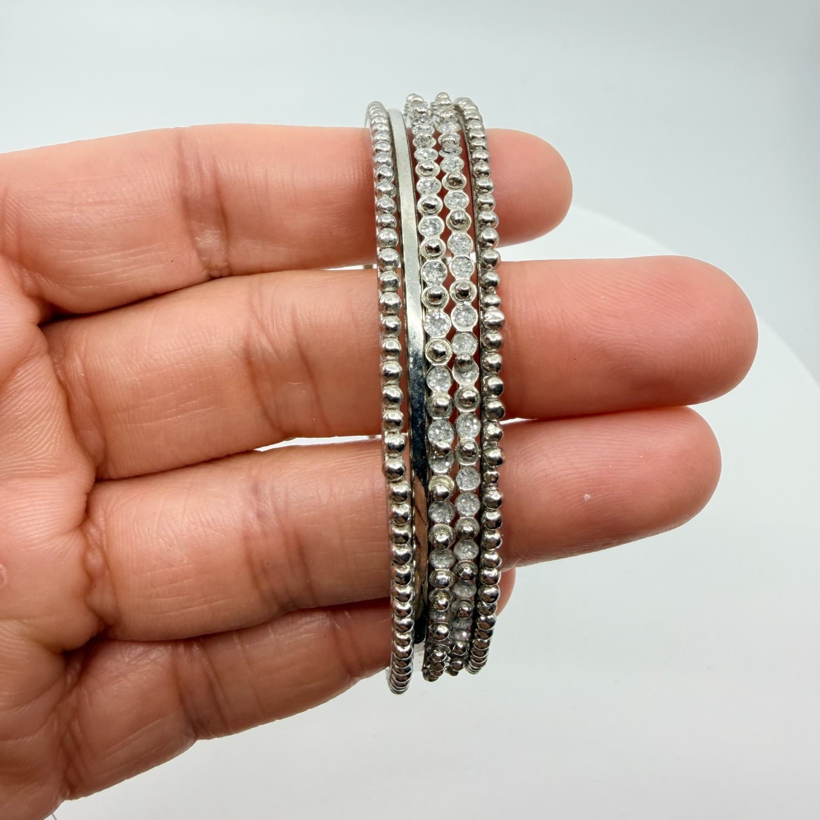 Vintage Silver Tone Beaded Rhinestone Bangle Bracelets Set Stack Classic Retro - Thumbnail 8