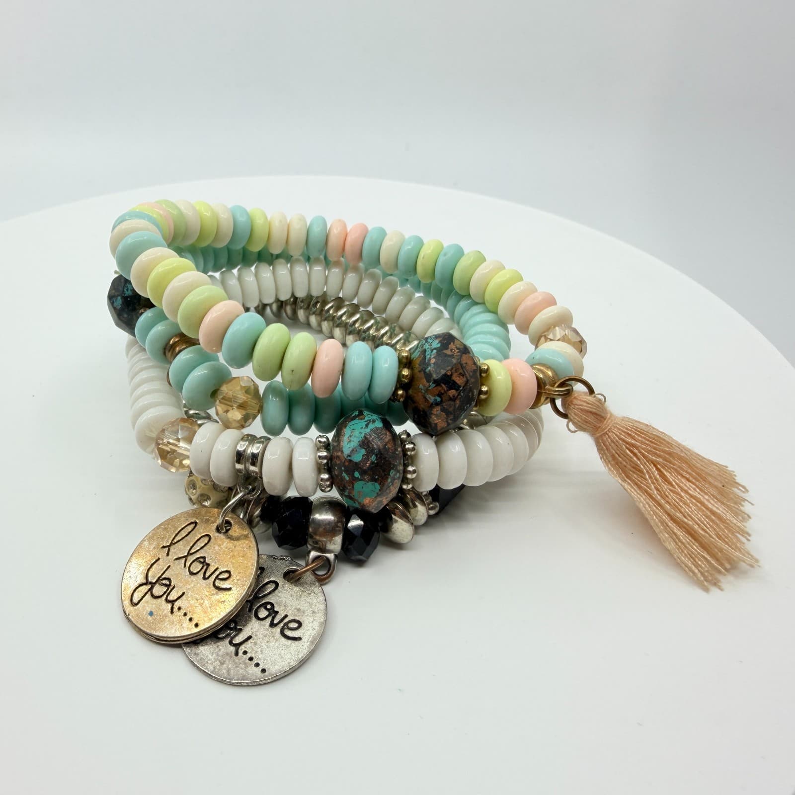 VTG Y2K Pastel Beaded 4 Pc Stack Bracelets I Love You Charms Boho Multi-Strand - Thumbnail 2
