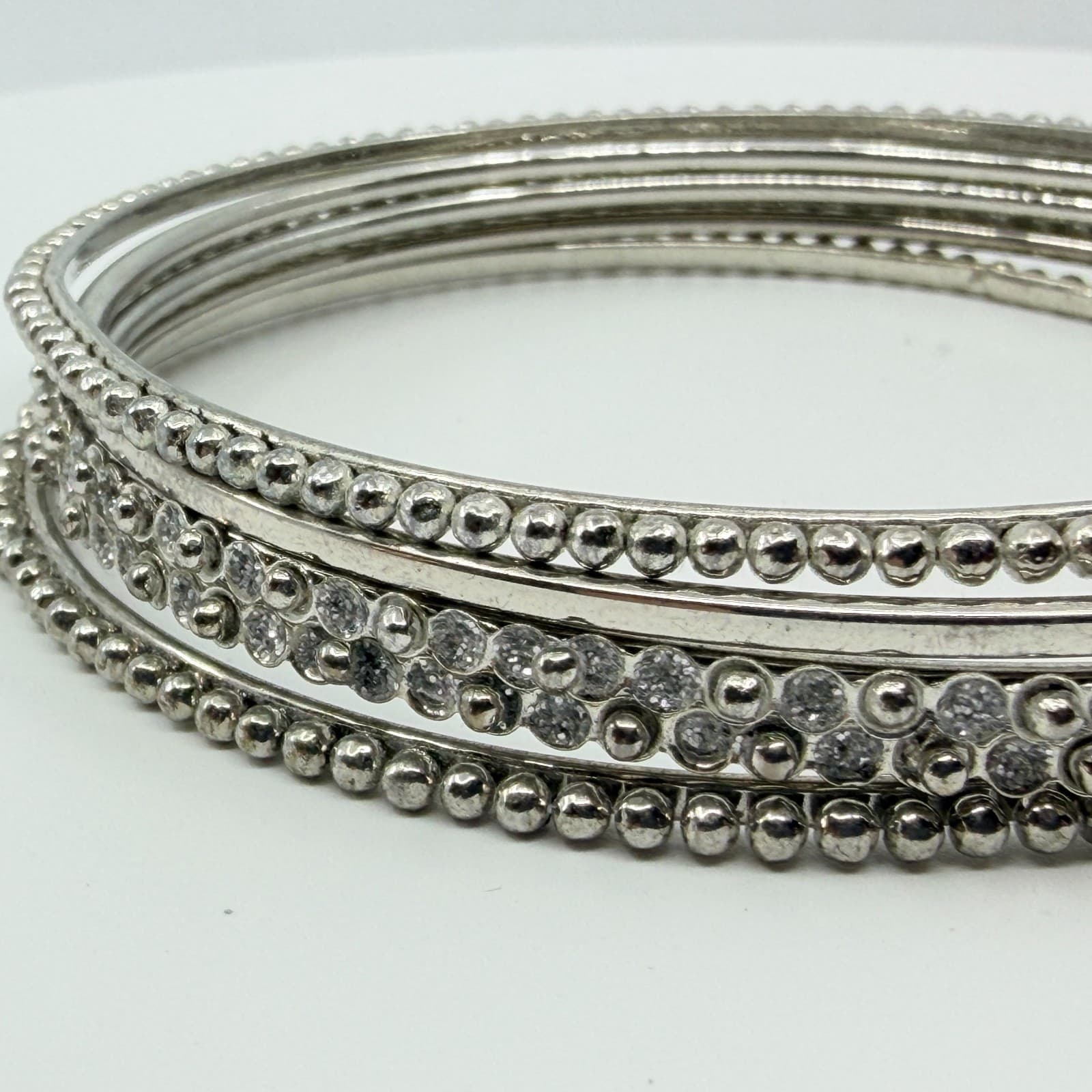 Vintage Silver Tone Beaded Rhinestone Bangle Bracelets Set Stack Classic Retro - Thumbnail 2
