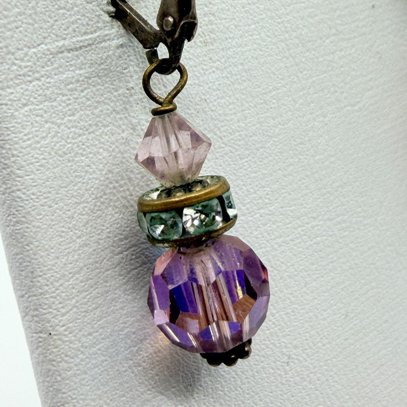 VTG Purple Crystal Dangle Earrings Antique Bronze Tone Rondelle Bead Drop Glam - Thumbnail 3