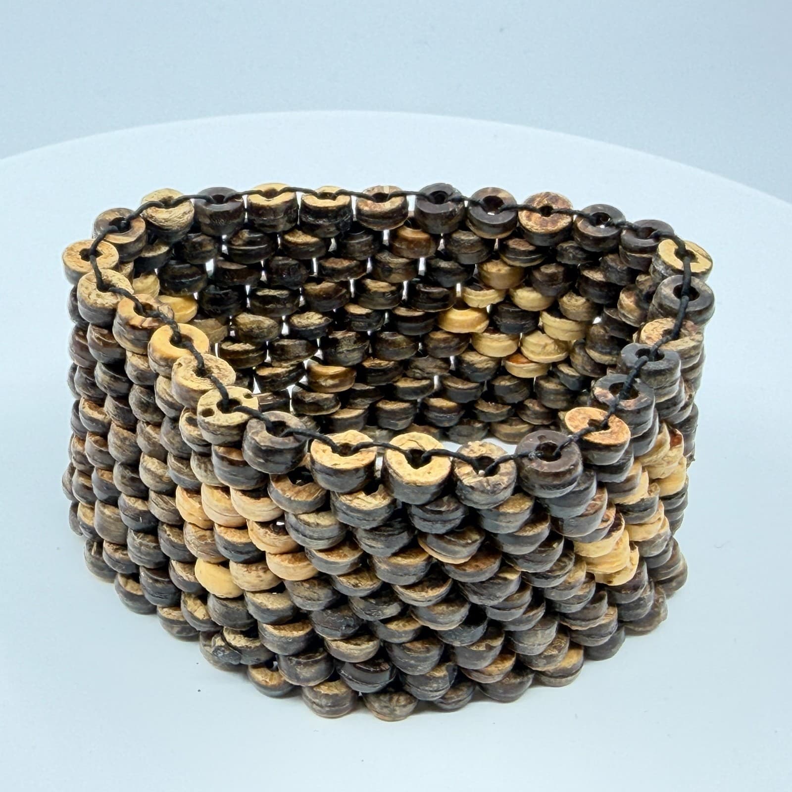 Vintage Boho Wide Coconut Shell Beaded Multi Row Stretch Cuff Bracelet Classic - Thumbnail 6