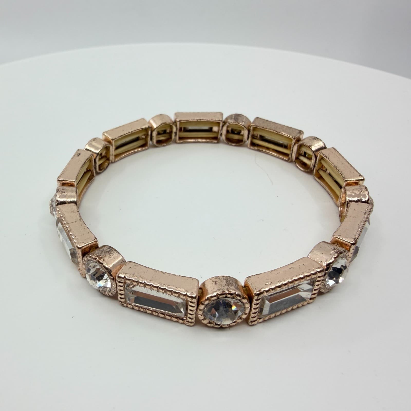 Vintage Rose Gold Tone Clear Crystal Stretch Bracelet Art Deco Geometric Chunky - Thumbnail 3