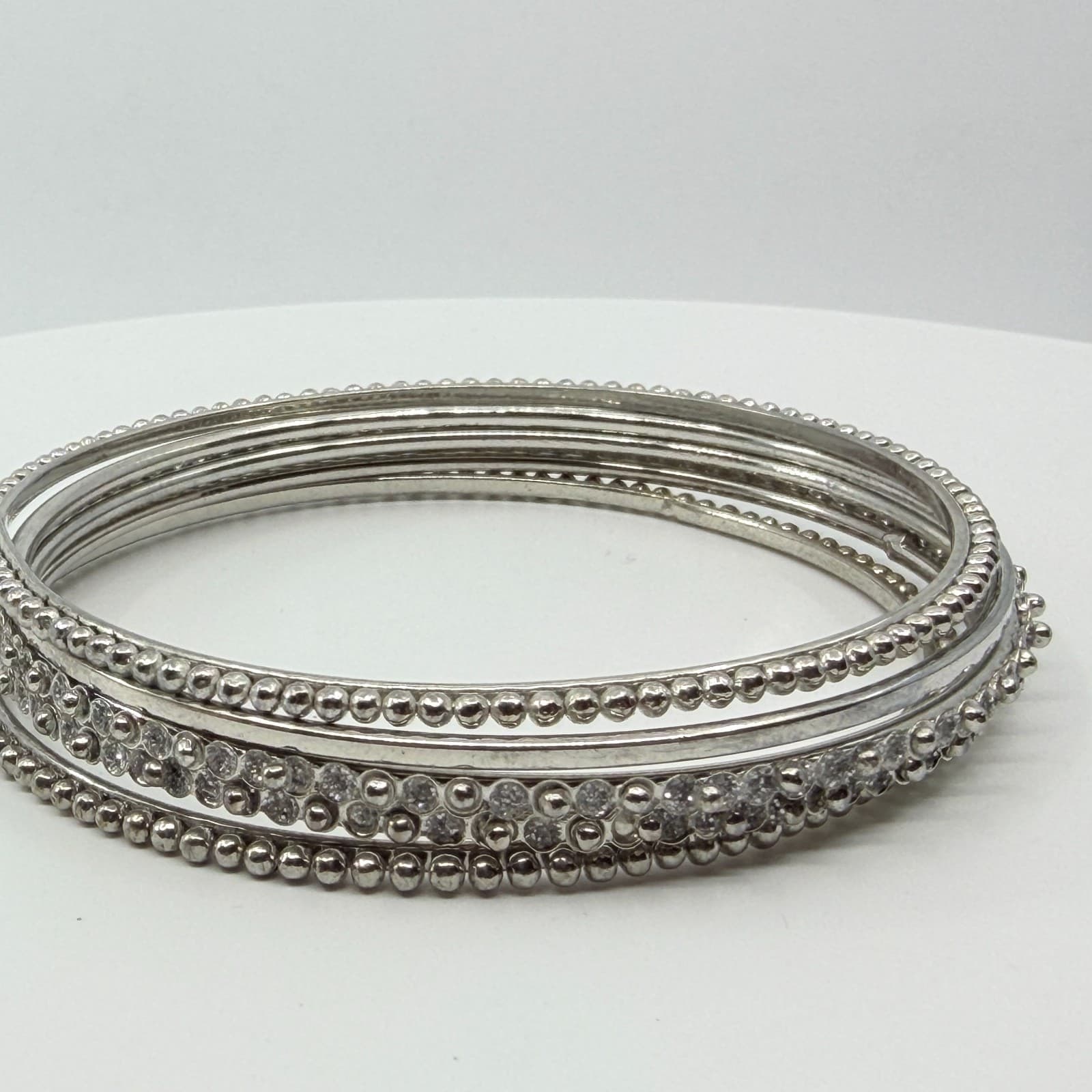 Vintage Silver Tone Beaded Rhinestone Bangle Bracelets Set Stack Classic Retro - Thumbnail 3