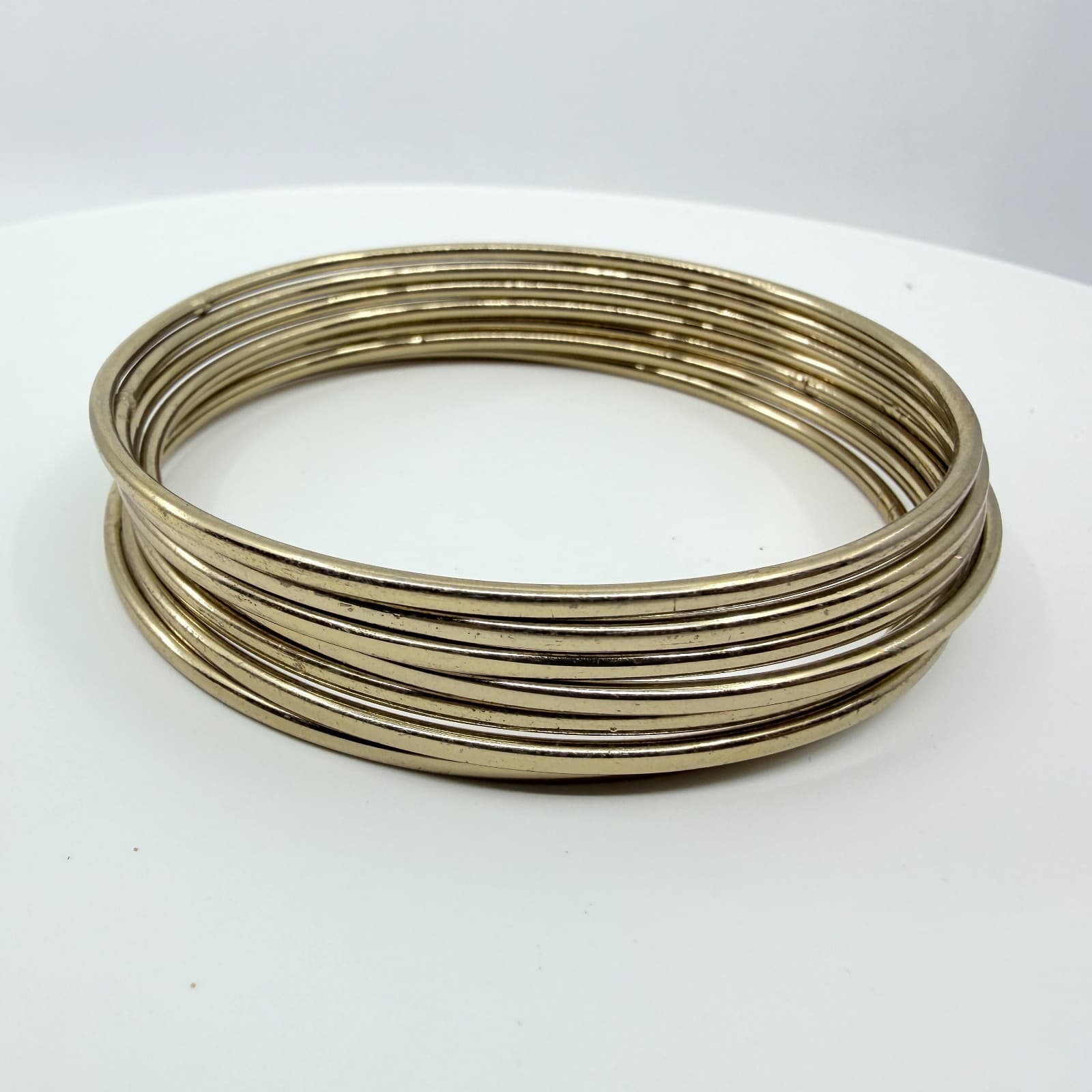 Vintage Gold Tone Skinny Bangle Bracelets Stack Multi Strand High Shine Minimal - Thumbnail 2