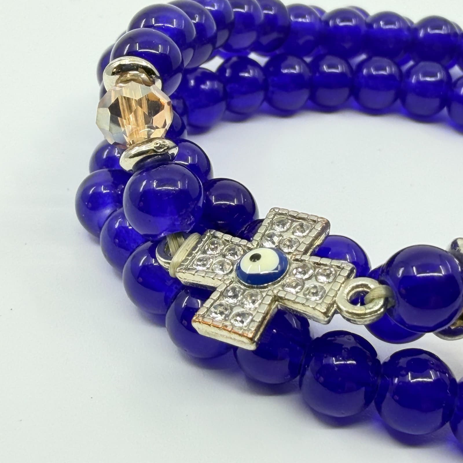 VTG Y2K Cobalt Blue Evil Eye Stretch Bracelet Set Stack Cross Crystal Glass Bead - Thumbnail 5