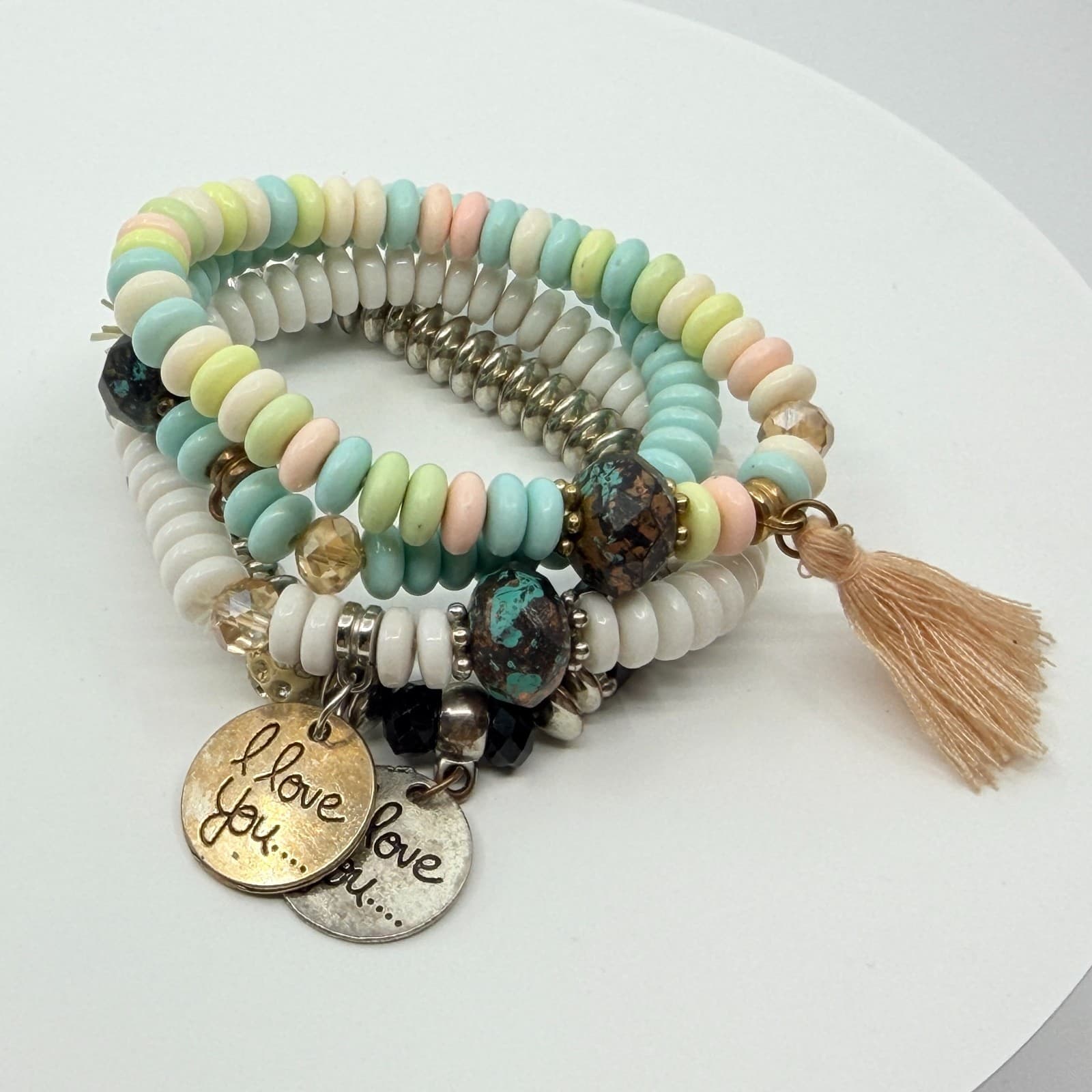 VTG Y2K Pastel Beaded 4 Pc Stack Bracelets I Love You Charms Boho Multi-Strand - Thumbnail 3