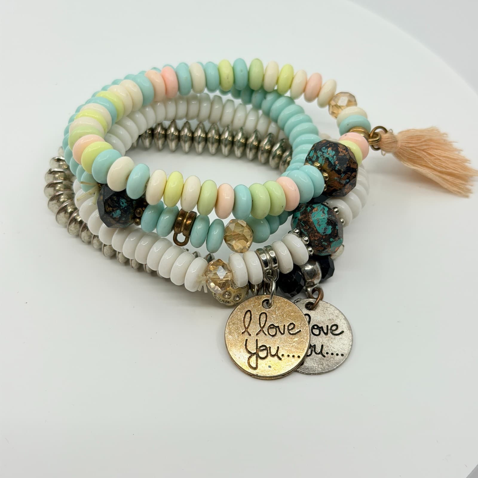 VTG Y2K Pastel Beaded 4 Pc Stack Bracelets I Love You Charms Boho Multi-Strand - Thumbnail 7