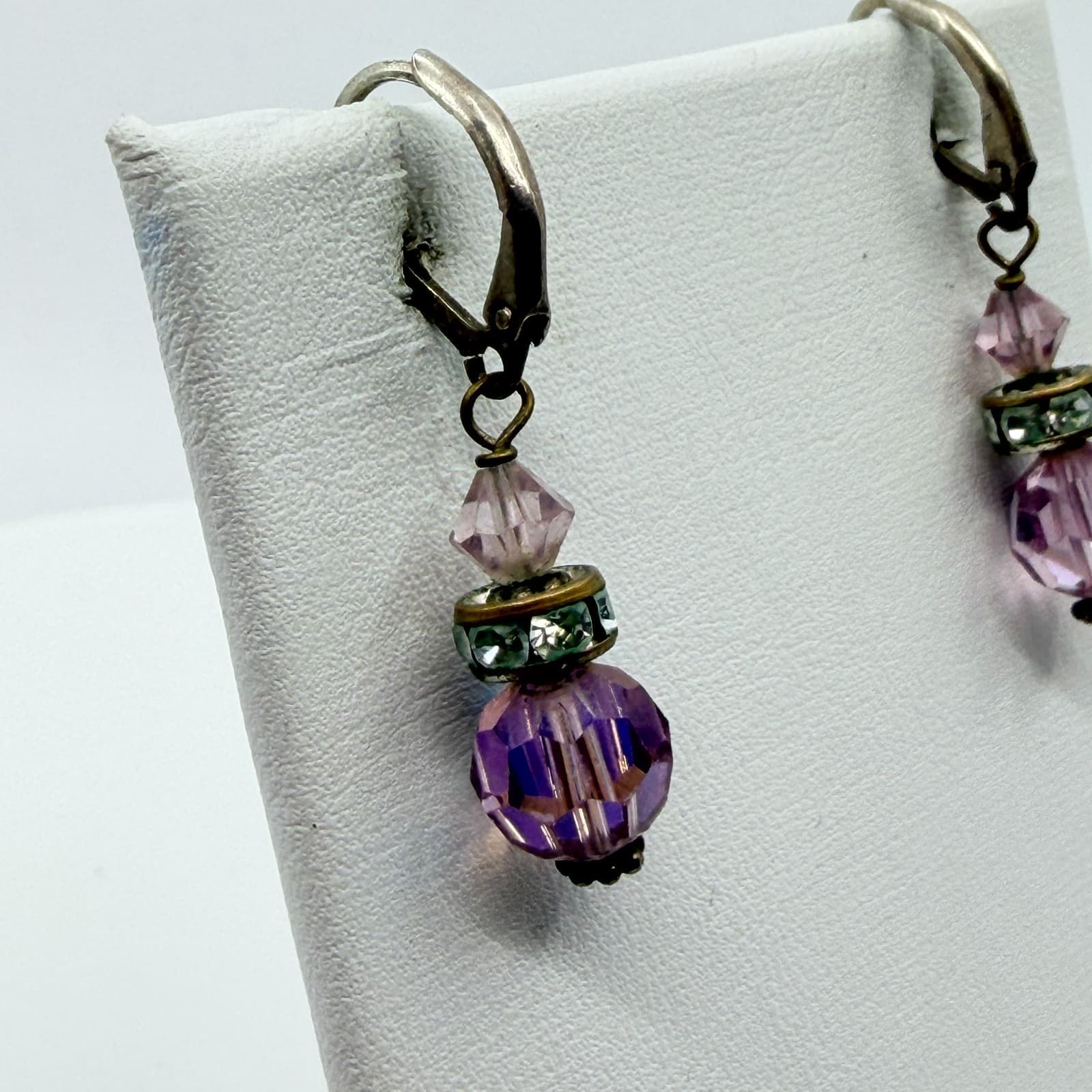VTG Purple Crystal Dangle Earrings Antique Bronze Tone Rondelle Bead Drop Glam - Thumbnail 4
