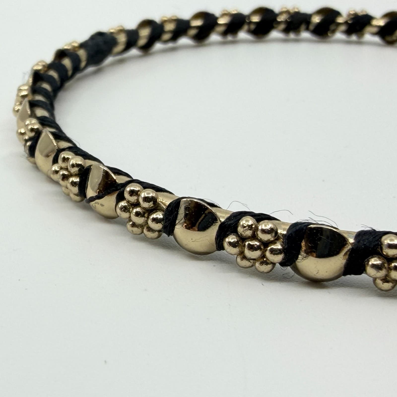 Vintage Gold Tone Beaded Wrap Bangle Bracelet Black Thread Mixed Media Stackable - Thumbnail 4