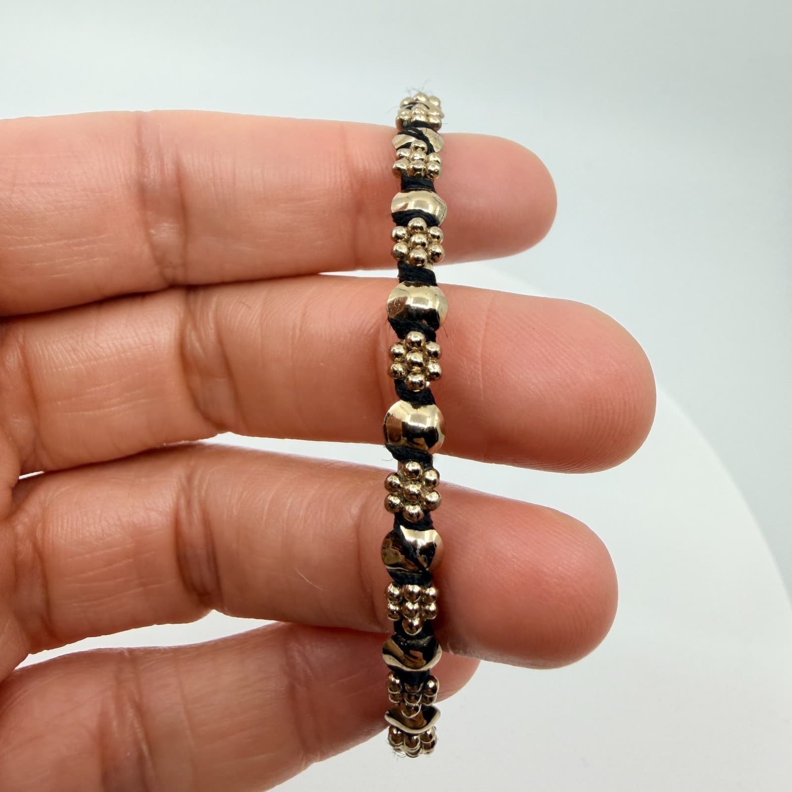 Vintage Gold Tone Beaded Wrap Bangle Bracelet Black Thread Mixed Media Stackable - Thumbnail 6