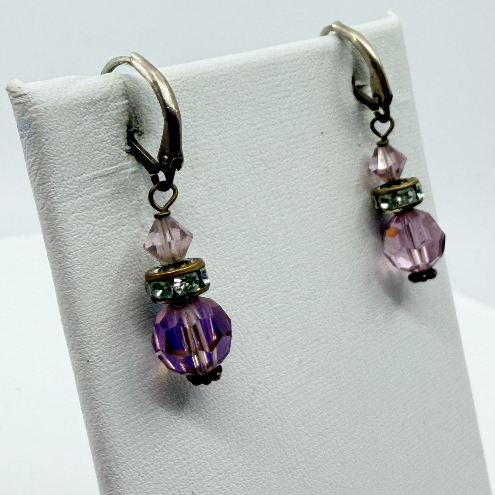 VTG Purple Crystal Dangle Earrings Antique Bronze Tone Rondelle Bead Drop Glam - Thumbnail 5