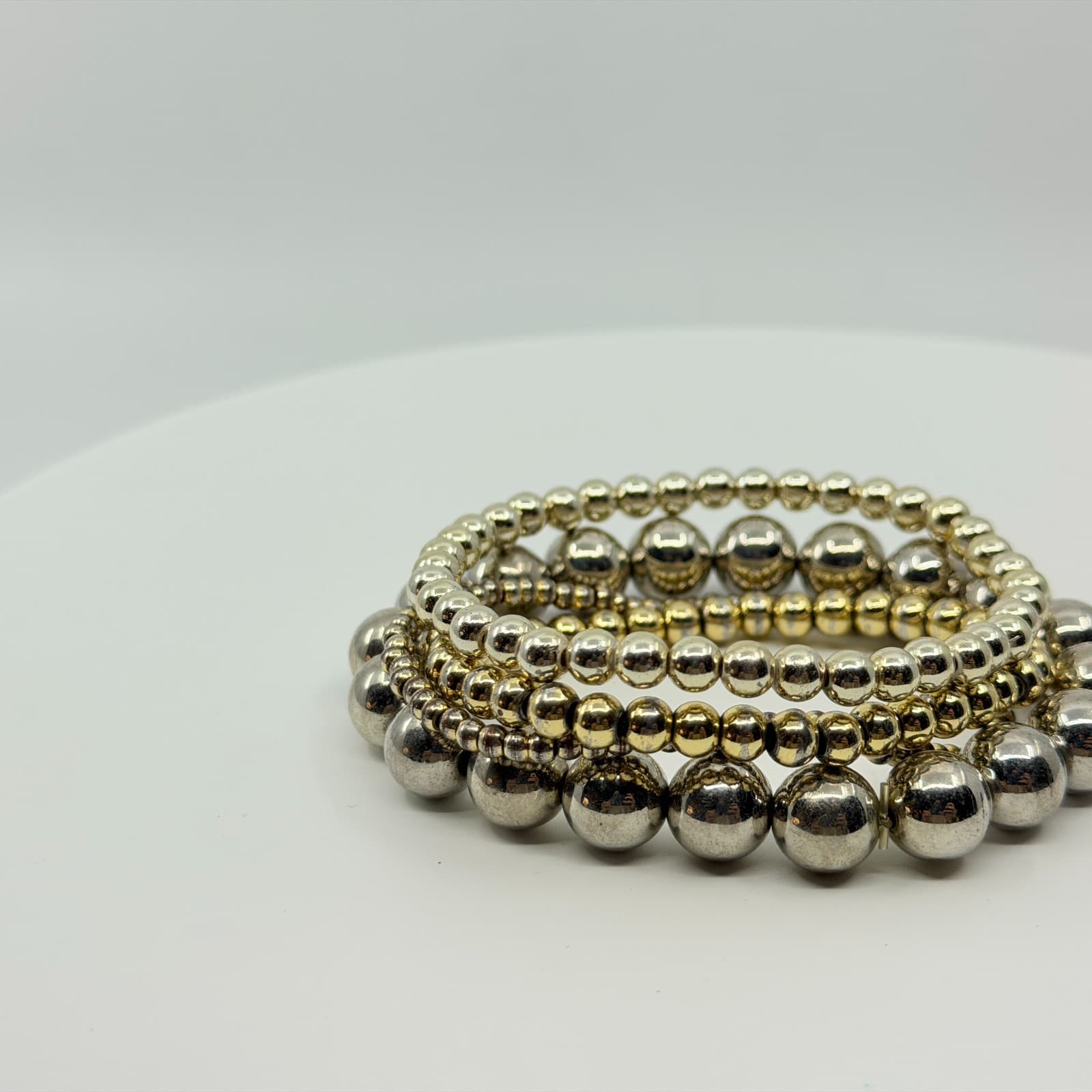 Vintage Y2K Silver & Gold Tone Ball Bead Stretch Stack Bracelets Set Boho Retro - Thumbnail 7