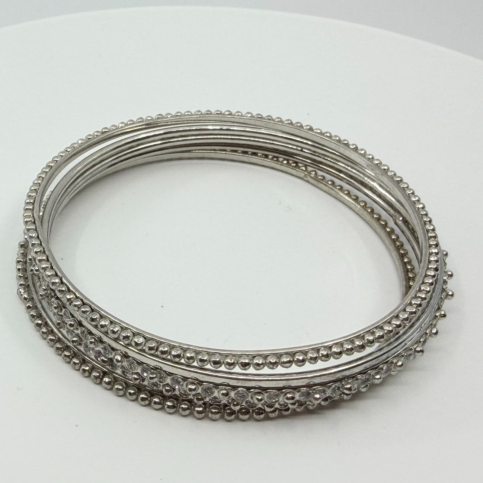 Vintage Silver Tone Beaded Rhinestone Bangle Bracelets Set Stack Classic Retro - Thumbnail 5