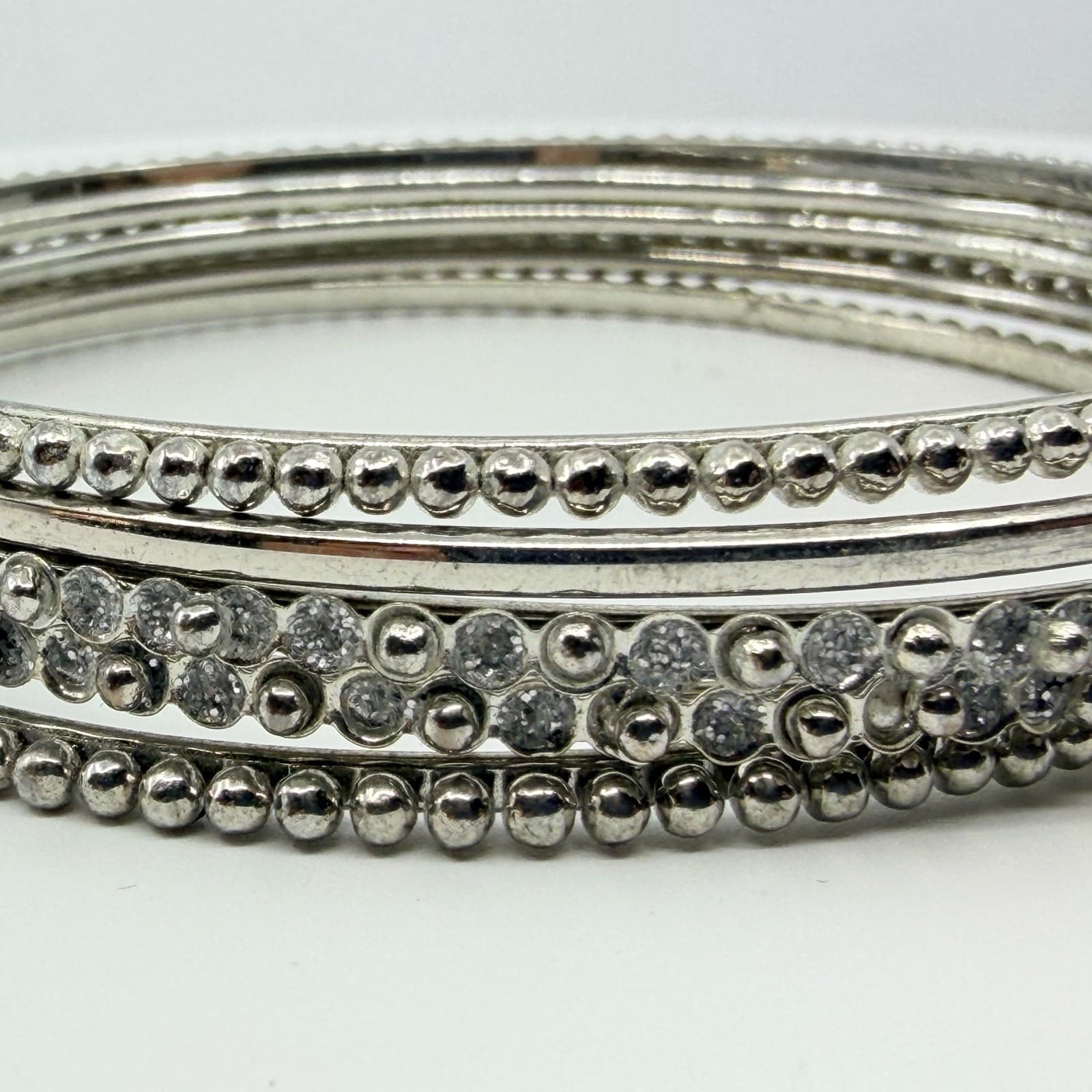 Vintage Silver Tone Beaded Rhinestone Bangle Bracelets Set Stack Classic Retro - Thumbnail 4