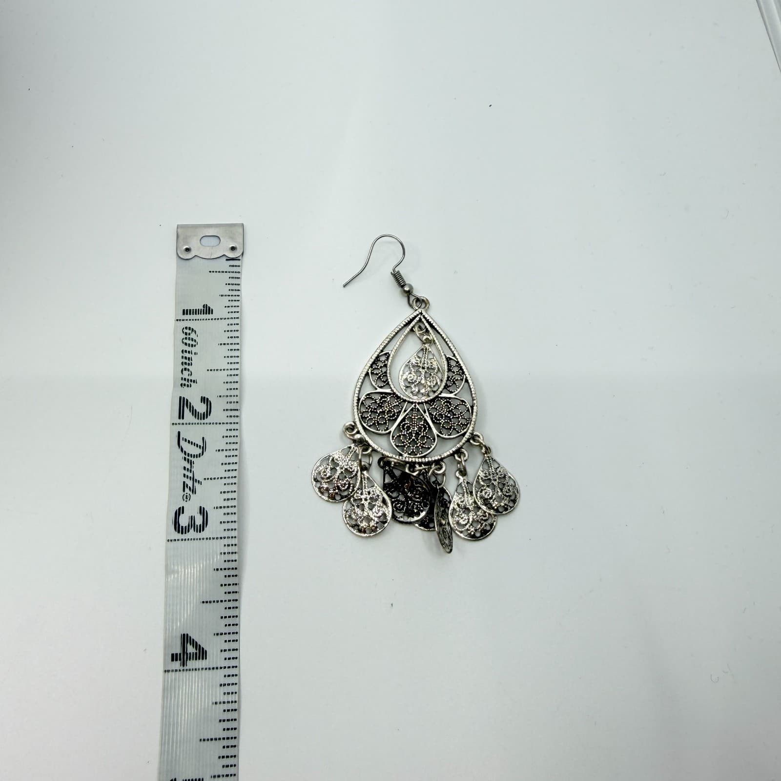 Vintage Boho Silver Tone Filigree Teardrop Chandelier Dangle Earrings Classic - Thumbnail 7