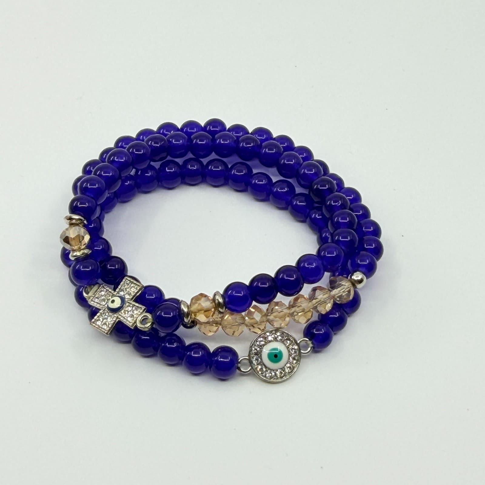 VTG Y2K Cobalt Blue Evil Eye Stretch Bracelet Set Stack Cross Crystal Glass Bead - Thumbnail 3