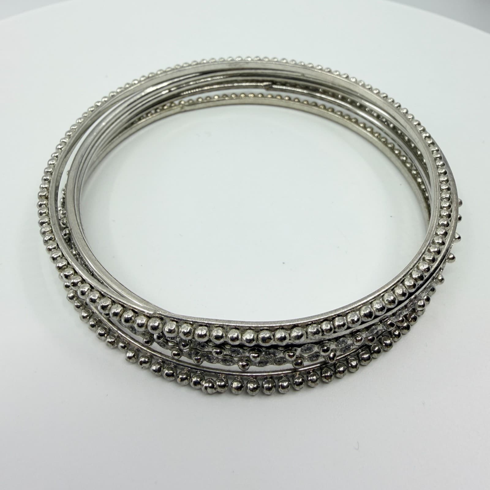 Vintage Silver Tone Beaded Rhinestone Bangle Bracelets Set Stack Classic Retro - Thumbnail 7