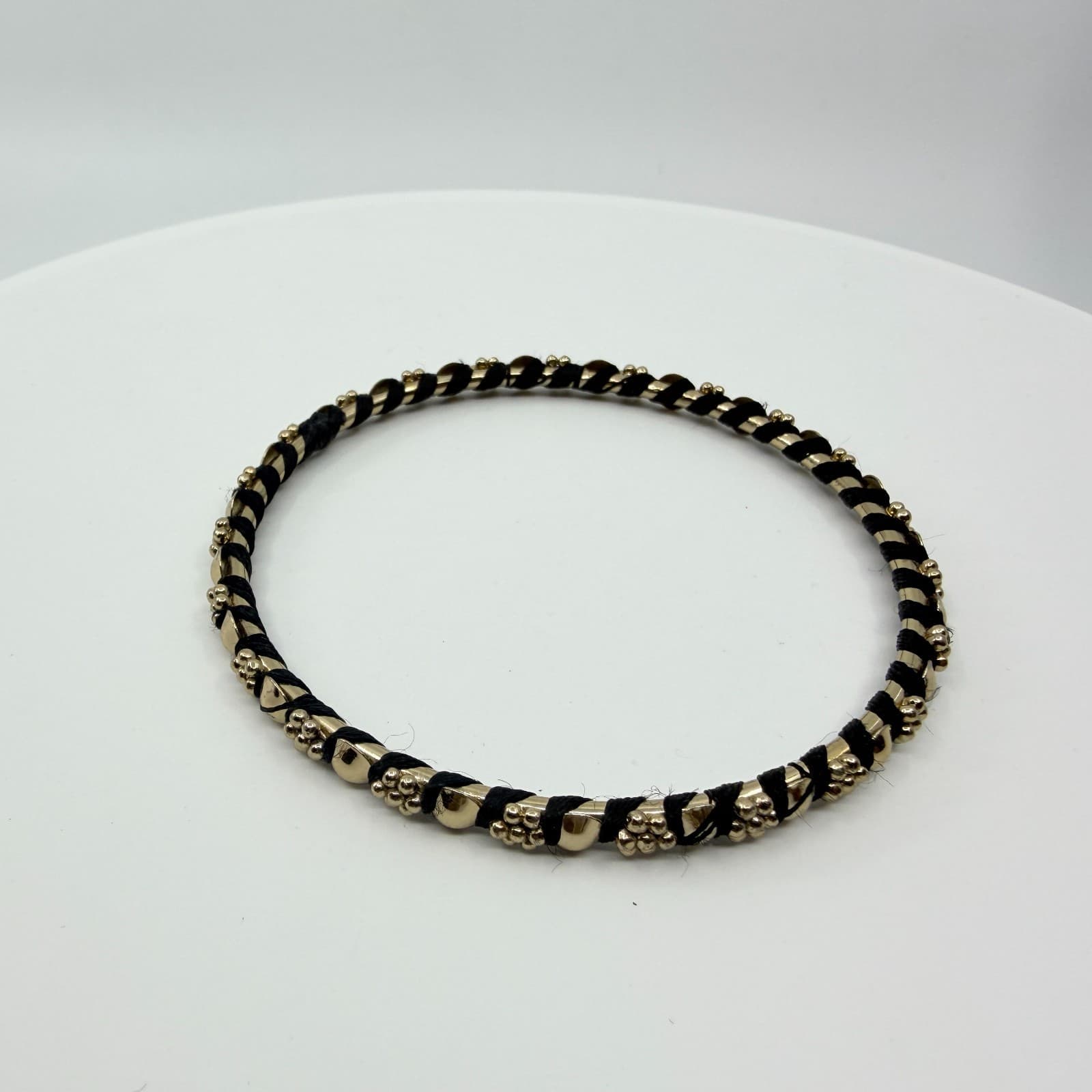 Vintage Gold Tone Beaded Wrap Bangle Bracelet Black Thread Mixed Media Stackable - Thumbnail 2