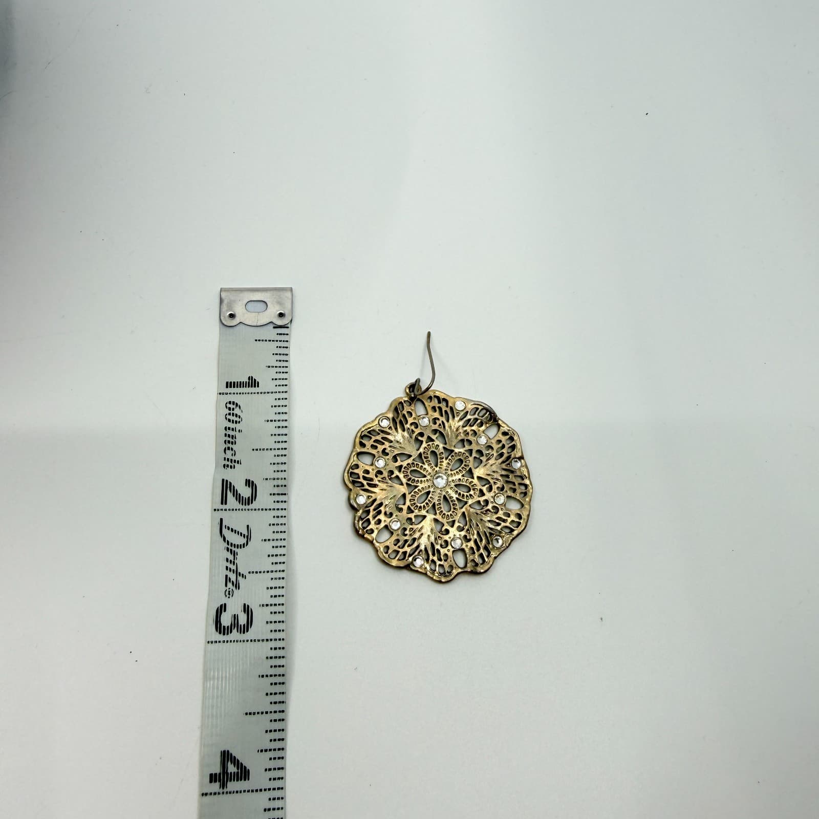 VTG Antique Gold Tone Filigree Mandala Earrings Rhinestone Statement Drop Dangle - Thumbnail 8