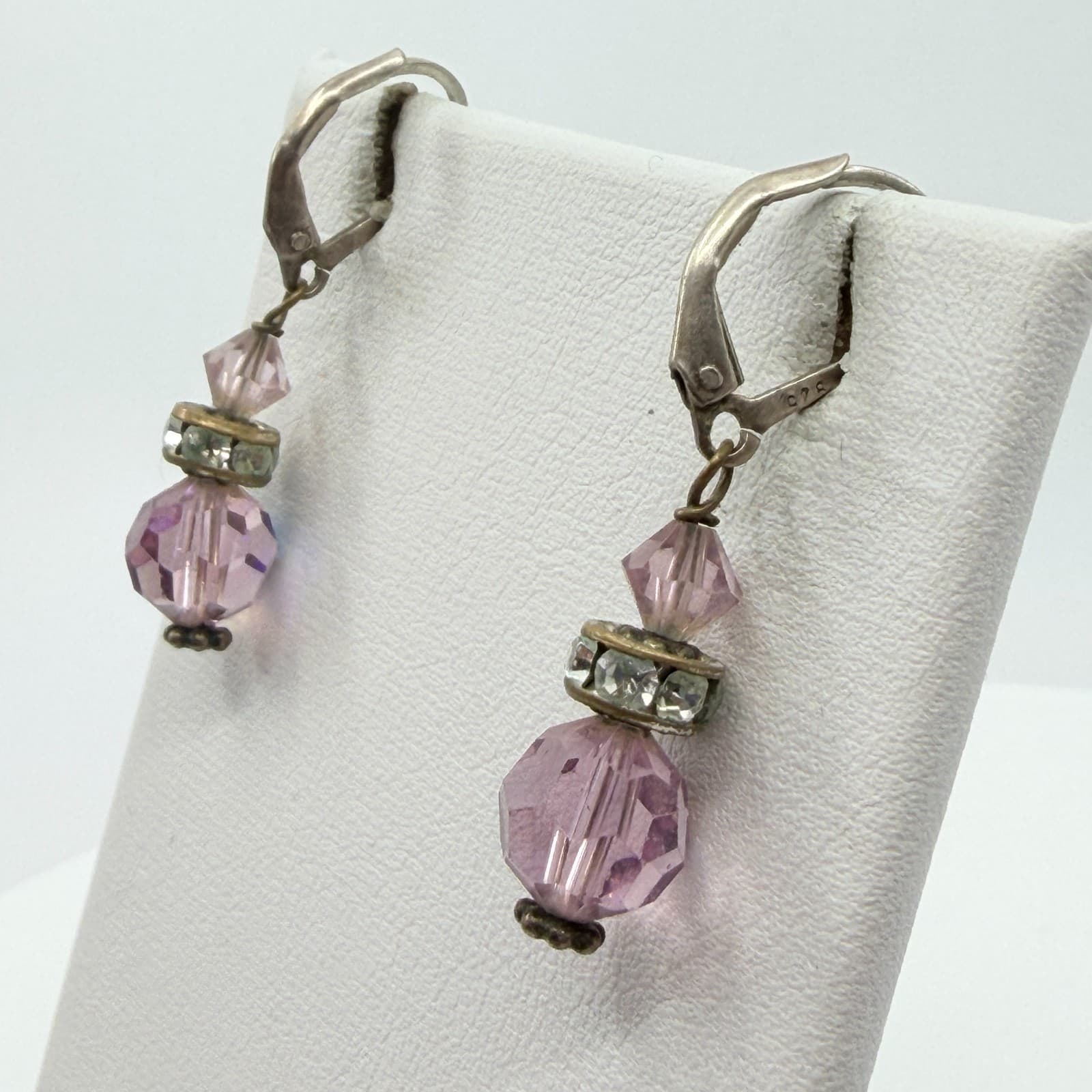 VTG Purple Crystal Dangle Earrings Antique Bronze Tone Rondelle Bead Drop Glam - Thumbnail 7