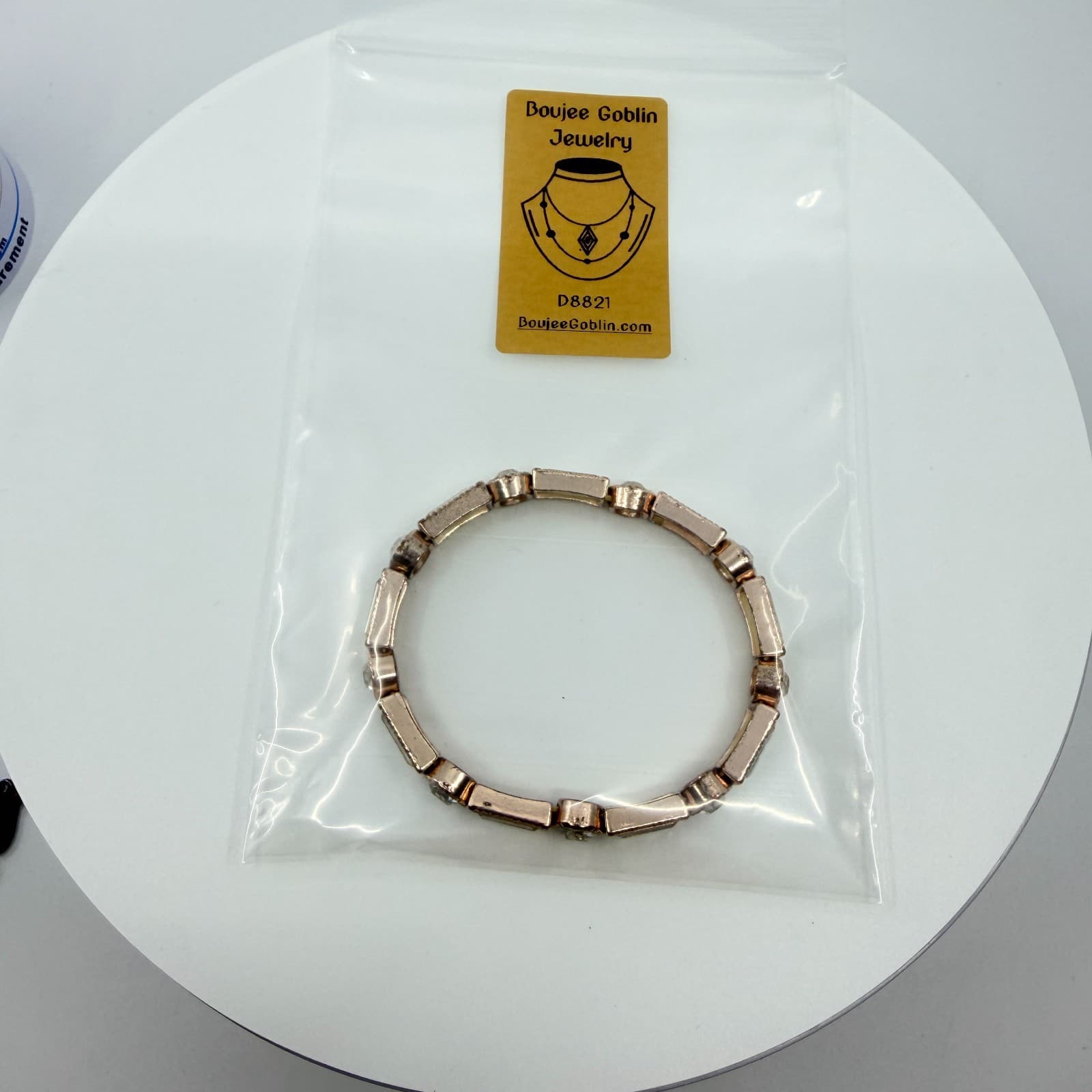 Vintage Rose Gold Tone Clear Crystal Stretch Bracelet Art Deco Geometric Chunky - Thumbnail 11