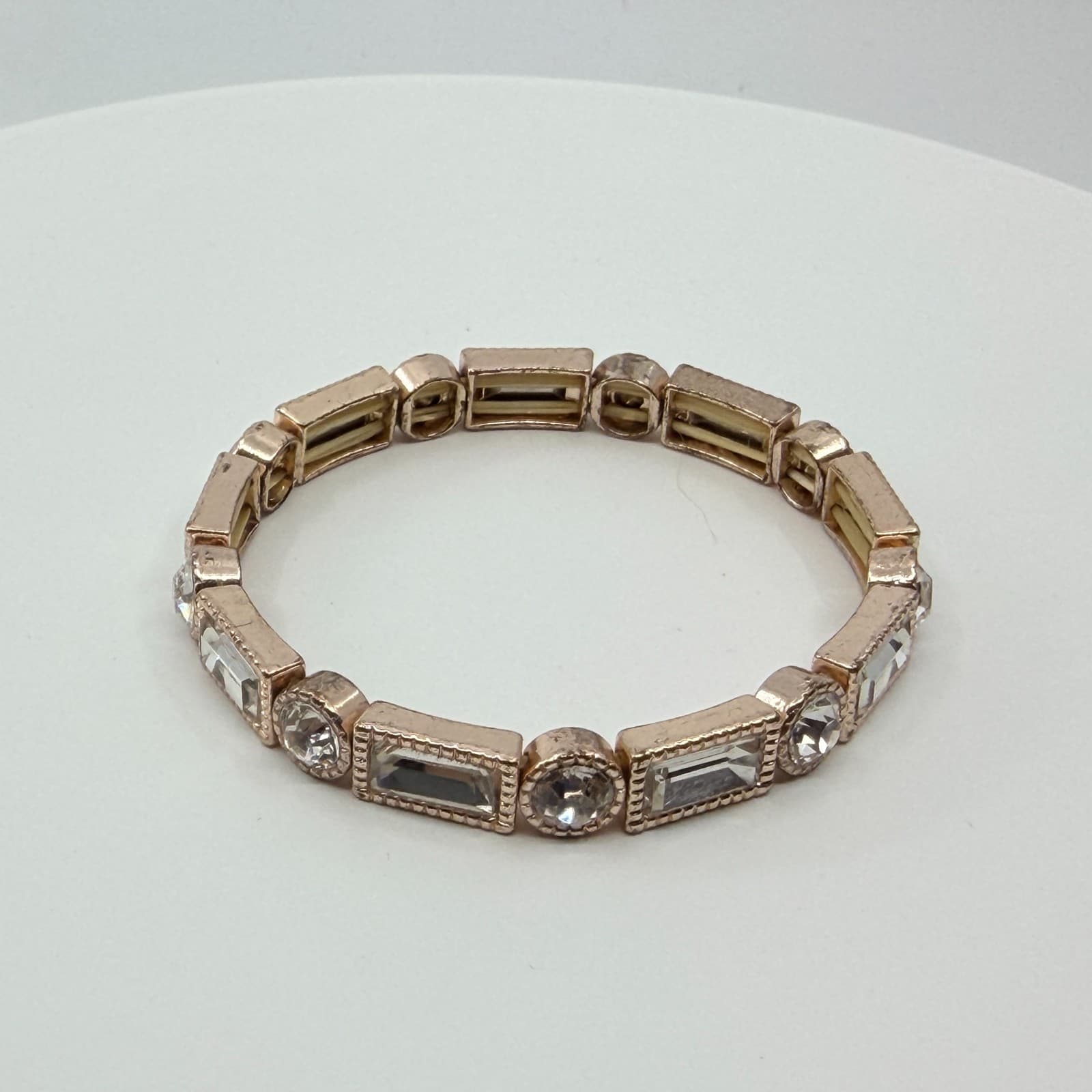 Vintage Rose Gold Tone Clear Crystal Stretch Bracelet Art Deco Geometric Chunky - Thumbnail 8