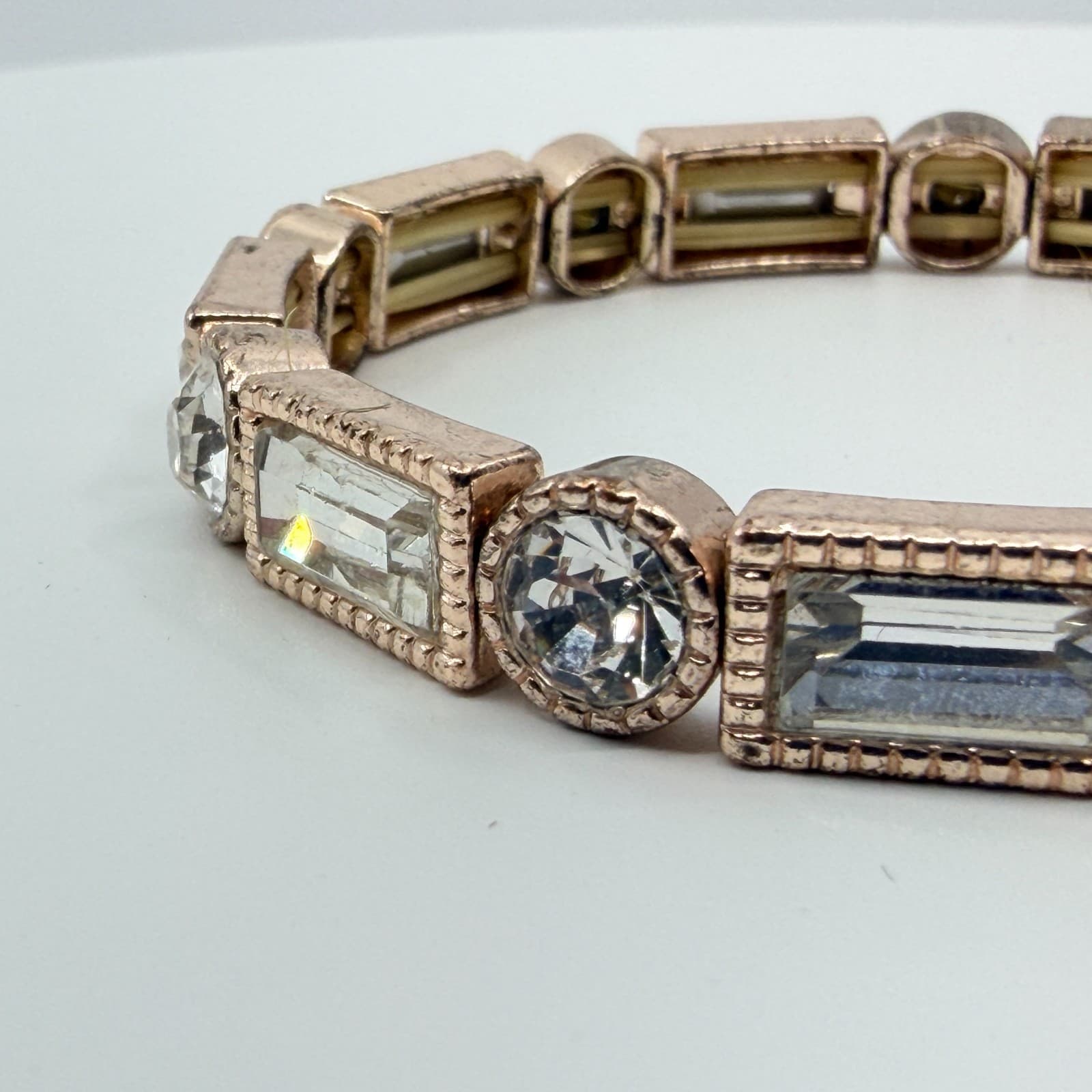 Vintage Rose Gold Tone Clear Crystal Stretch Bracelet Art Deco Geometric Chunky - Thumbnail 5