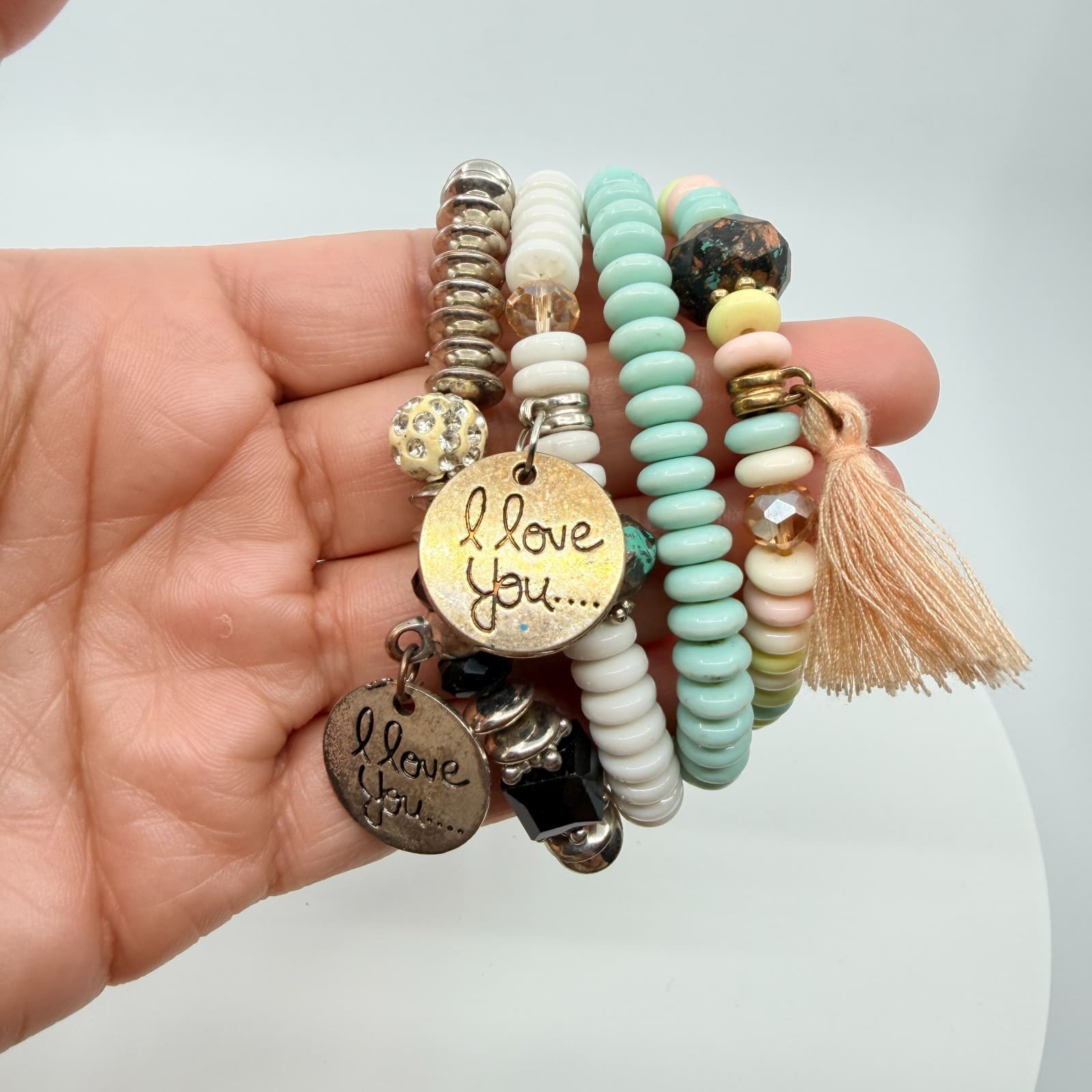 VTG Y2K Pastel Beaded 4 Pc Stack Bracelets I Love You Charms Boho Multi-Strand - Thumbnail 8