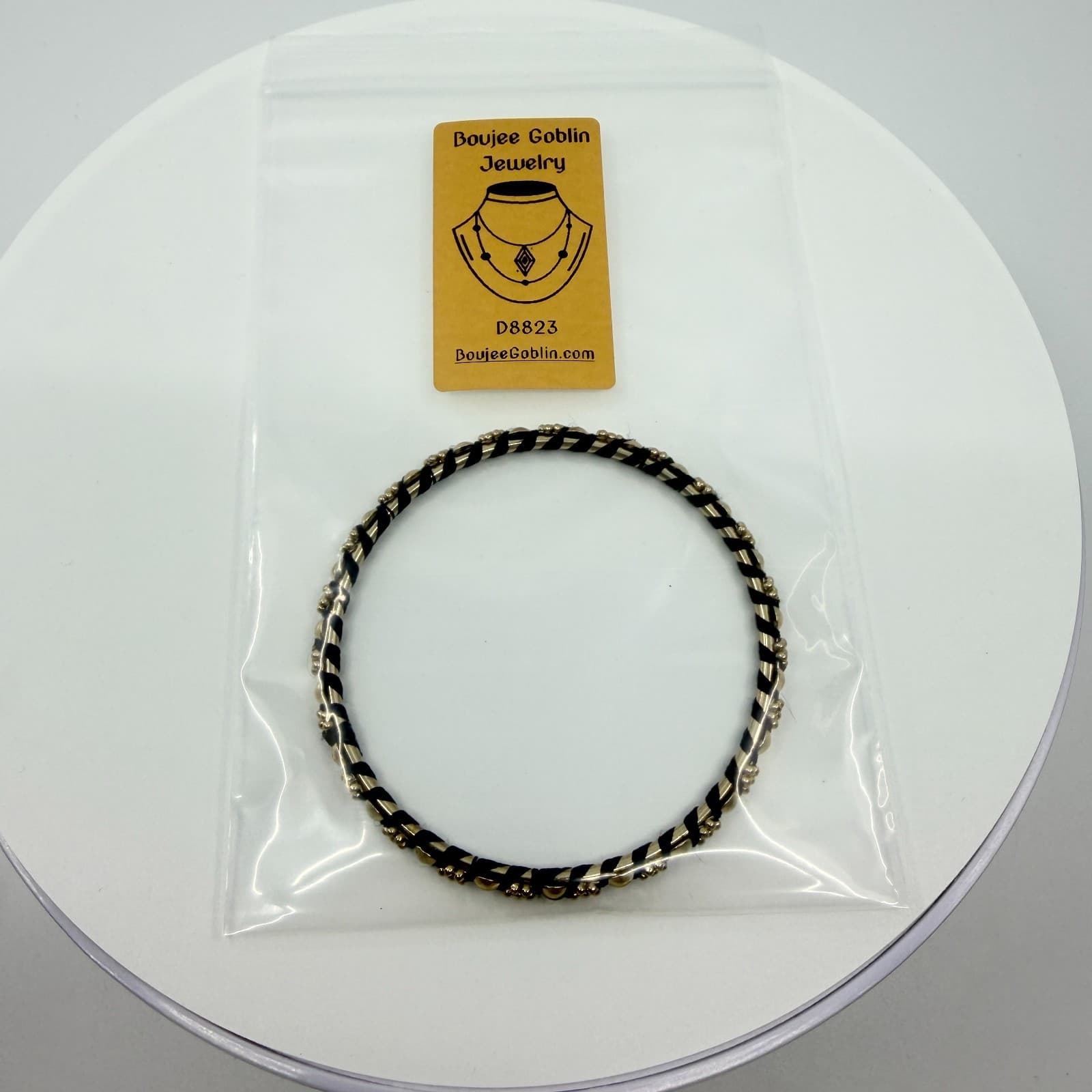Vintage Gold Tone Beaded Wrap Bangle Bracelet Black Thread Mixed Media Stackable - Thumbnail 8
