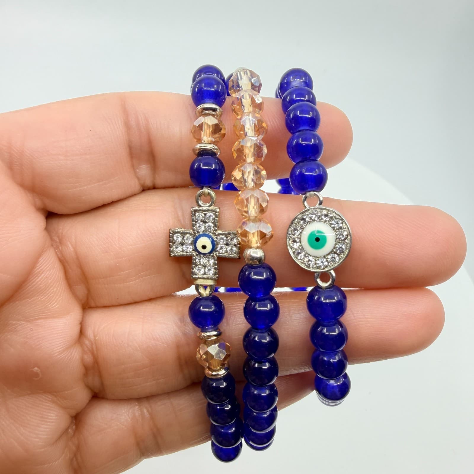 VTG Y2K Cobalt Blue Evil Eye Stretch Bracelet Set Stack Cross Crystal Glass Bead - Thumbnail 9