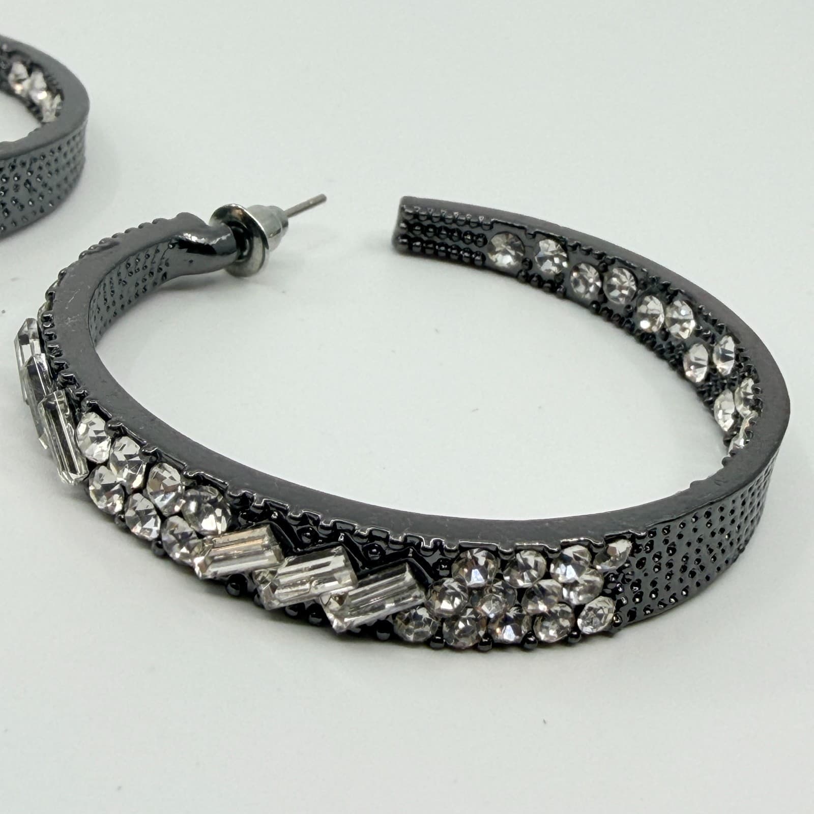 VTG Gunmetal Rhinestone Hoop Earrings Thick Baguette Crystal Inside Out Glitz - Thumbnail 3