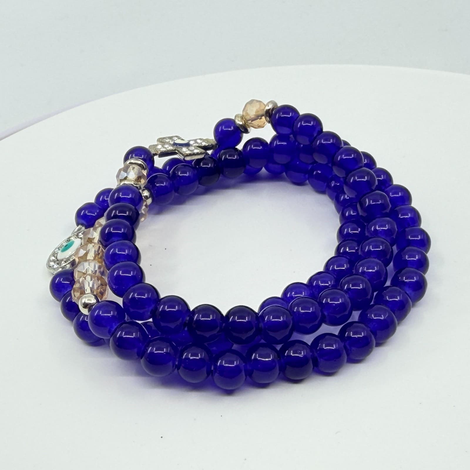 VTG Y2K Cobalt Blue Evil Eye Stretch Bracelet Set Stack Cross Crystal Glass Bead - Thumbnail 6