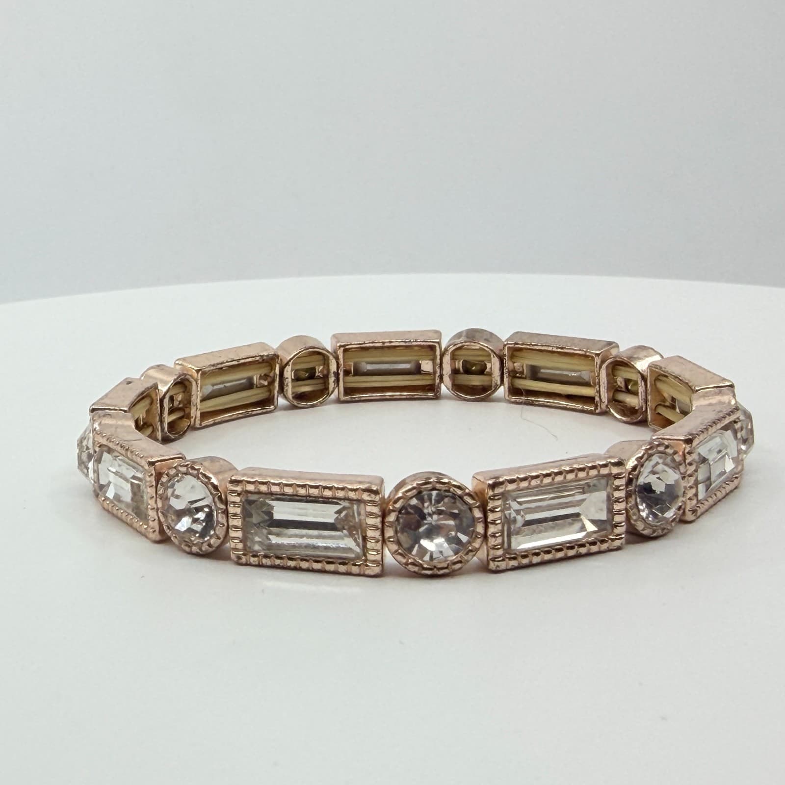 Vintage Rose Gold Tone Clear Crystal Stretch Bracelet Art Deco Geometric Chunky - Thumbnail 7