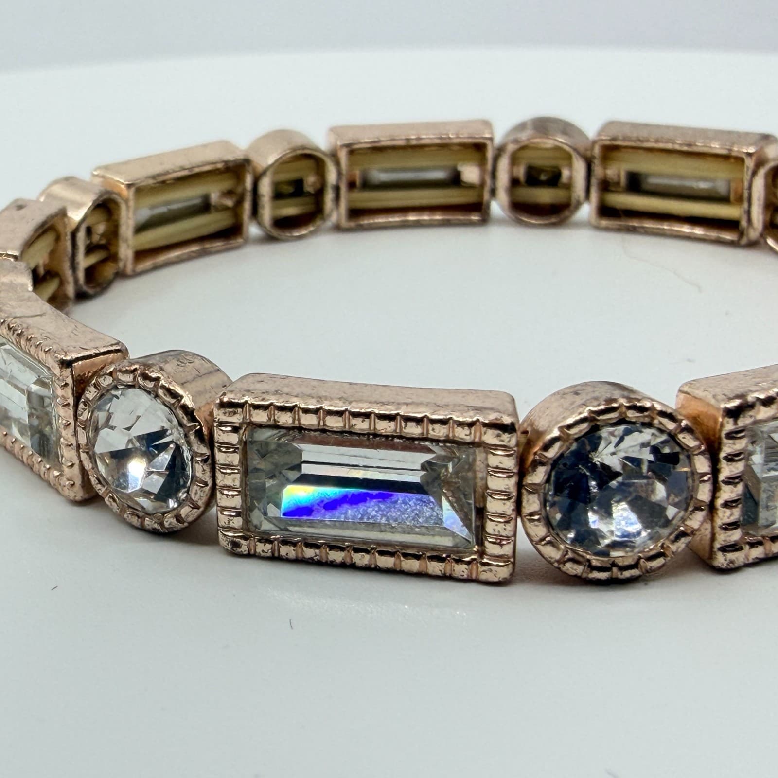Vintage Rose Gold Tone Clear Crystal Stretch Bracelet Art Deco Geometric Chunky - Thumbnail 4