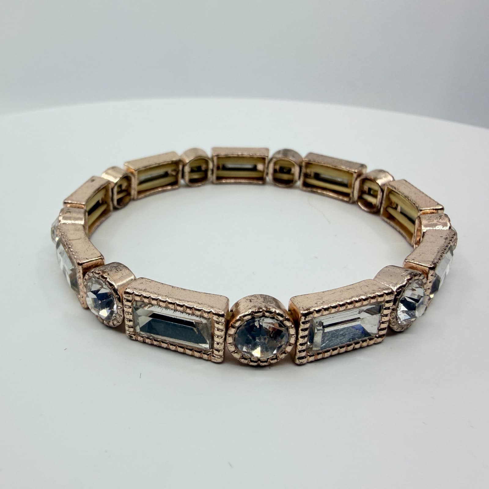 Vintage Rose Gold Tone Clear Crystal Stretch Bracelet Art Deco Geometric Chunky - Thumbnail 2