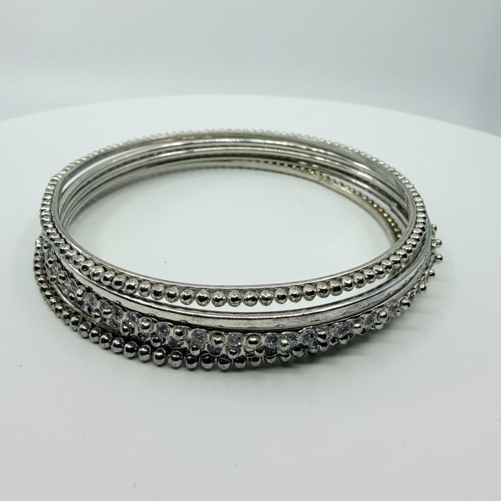 Vintage Silver Tone Beaded Rhinestone Bangle Bracelets Set Stack Classic Retro - Thumbnail 6