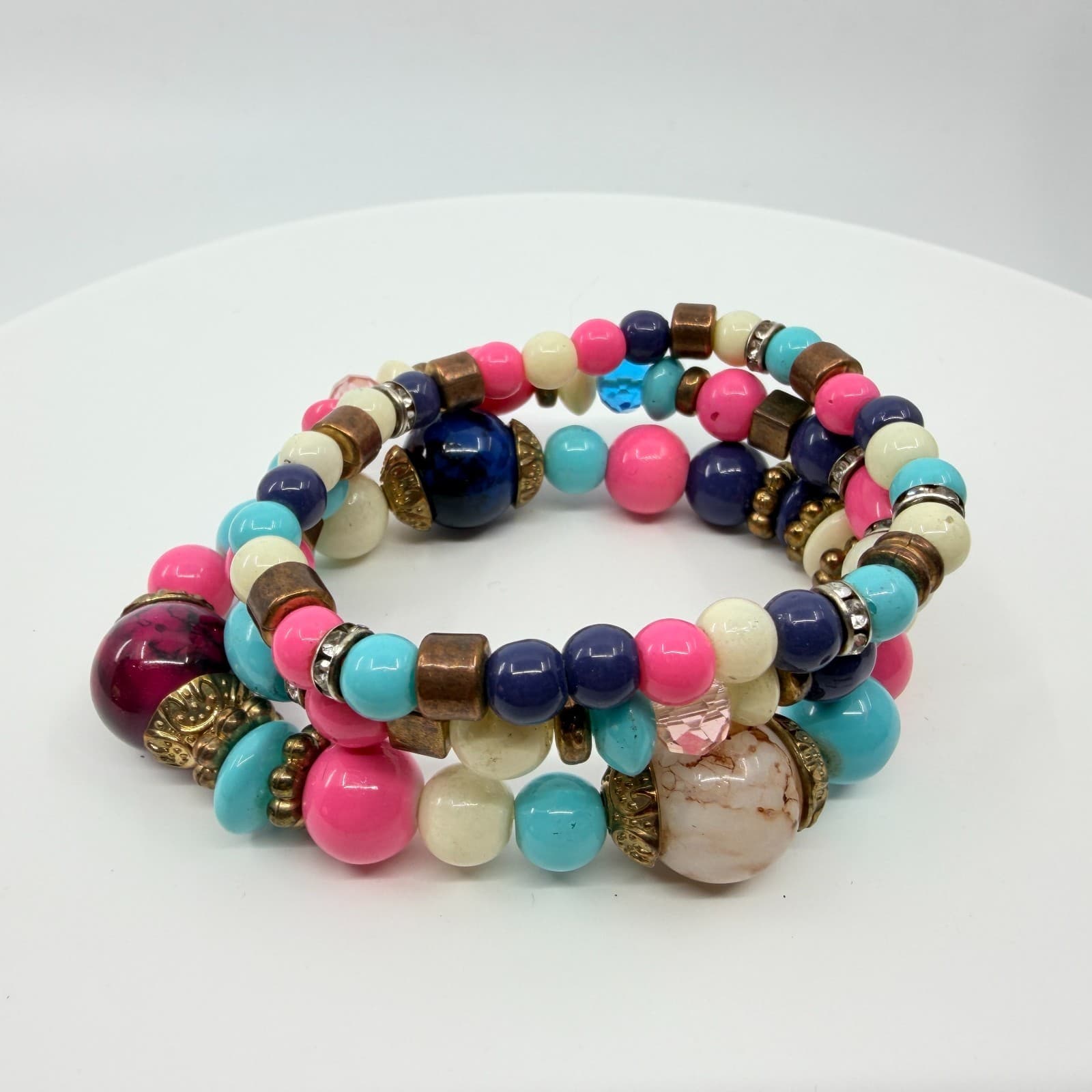 VTG Retro Bright Beaded Stack Bracelet Set Chunky Pink Blue Pop Art Stretch 3PC - Thumbnail 2