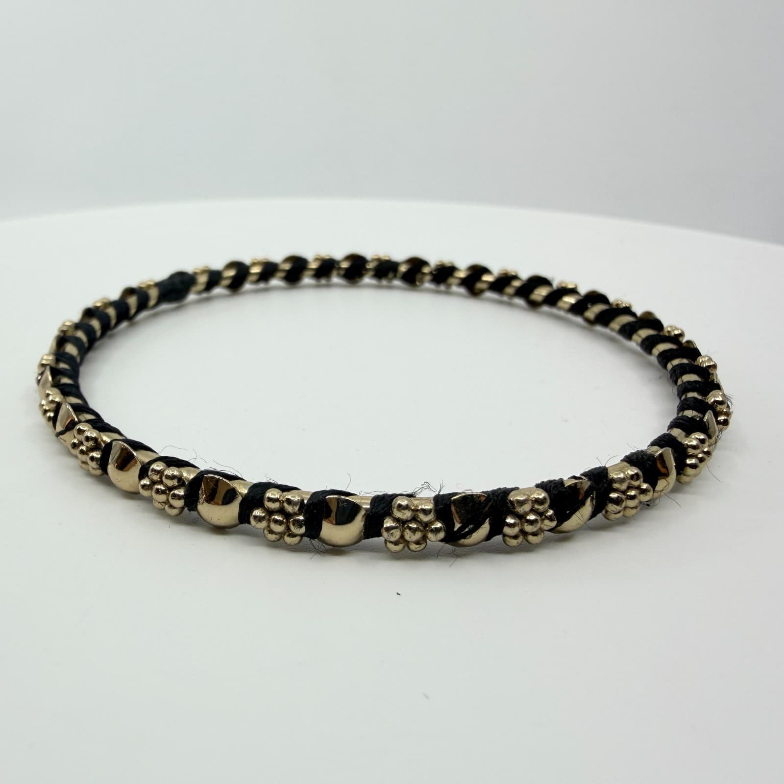 Vintage Gold Tone Beaded Wrap Bangle Bracelet Black Thread Mixed Media Stackable - Thumbnail 3
