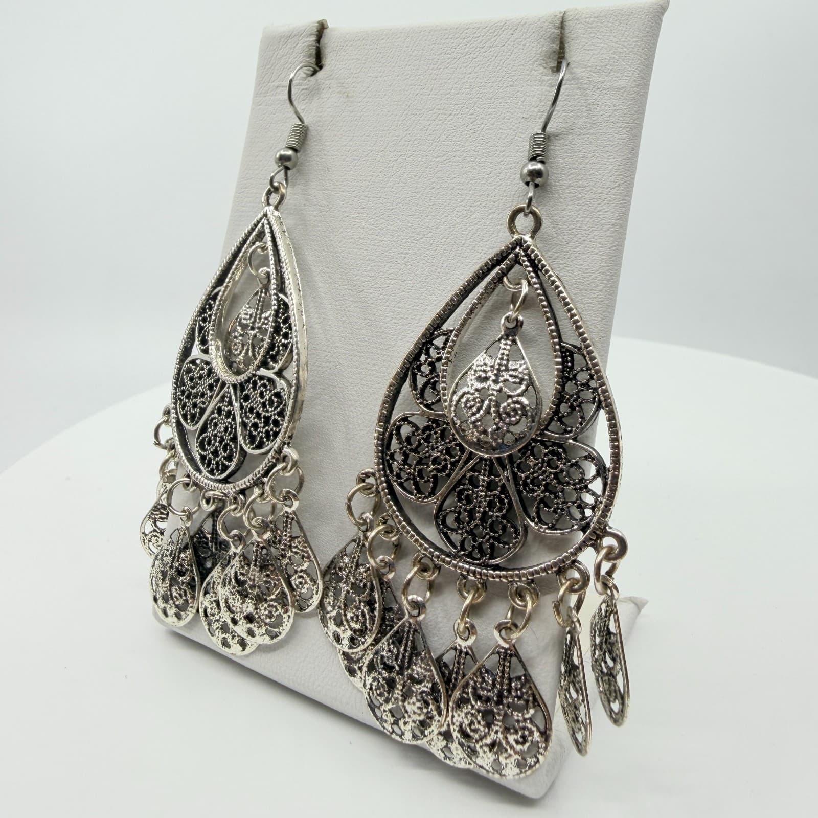 Vintage Boho Silver Tone Filigree Teardrop Chandelier Dangle Earrings Classic - Thumbnail 3