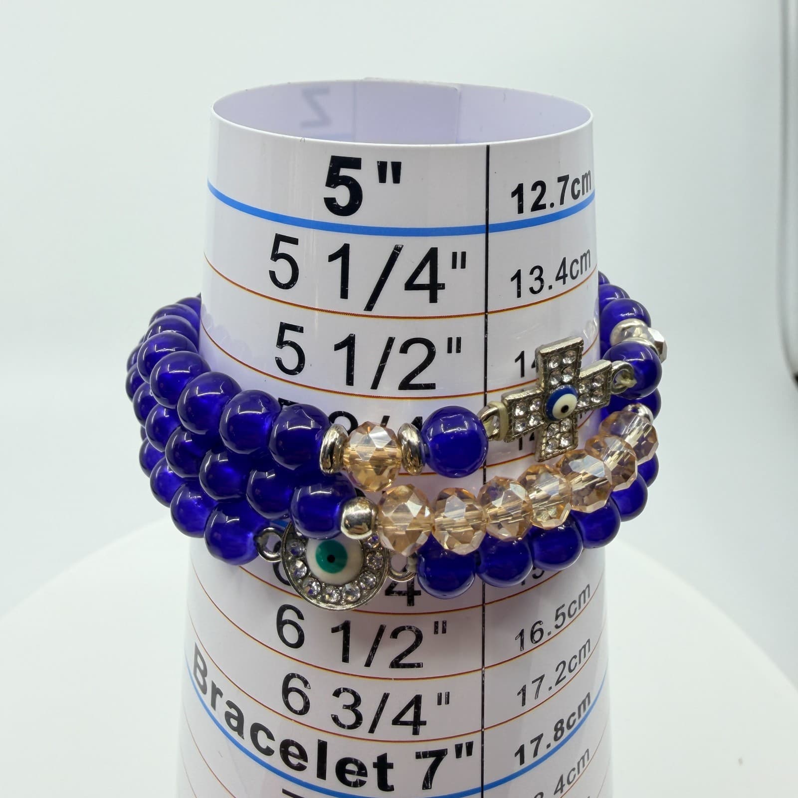 VTG Y2K Cobalt Blue Evil Eye Stretch Bracelet Set Stack Cross Crystal Glass Bead - Thumbnail 10