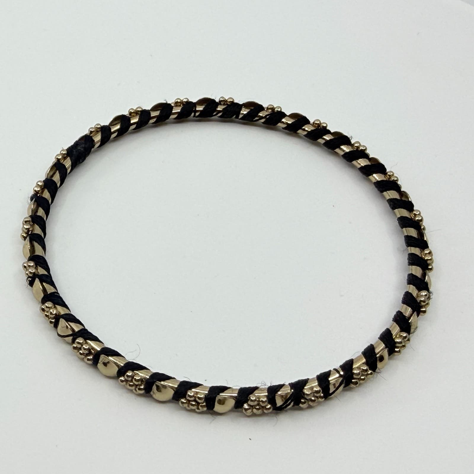 Vintage Gold Tone Beaded Wrap Bangle Bracelet Black Thread Mixed Media Stackable - Thumbnail 5