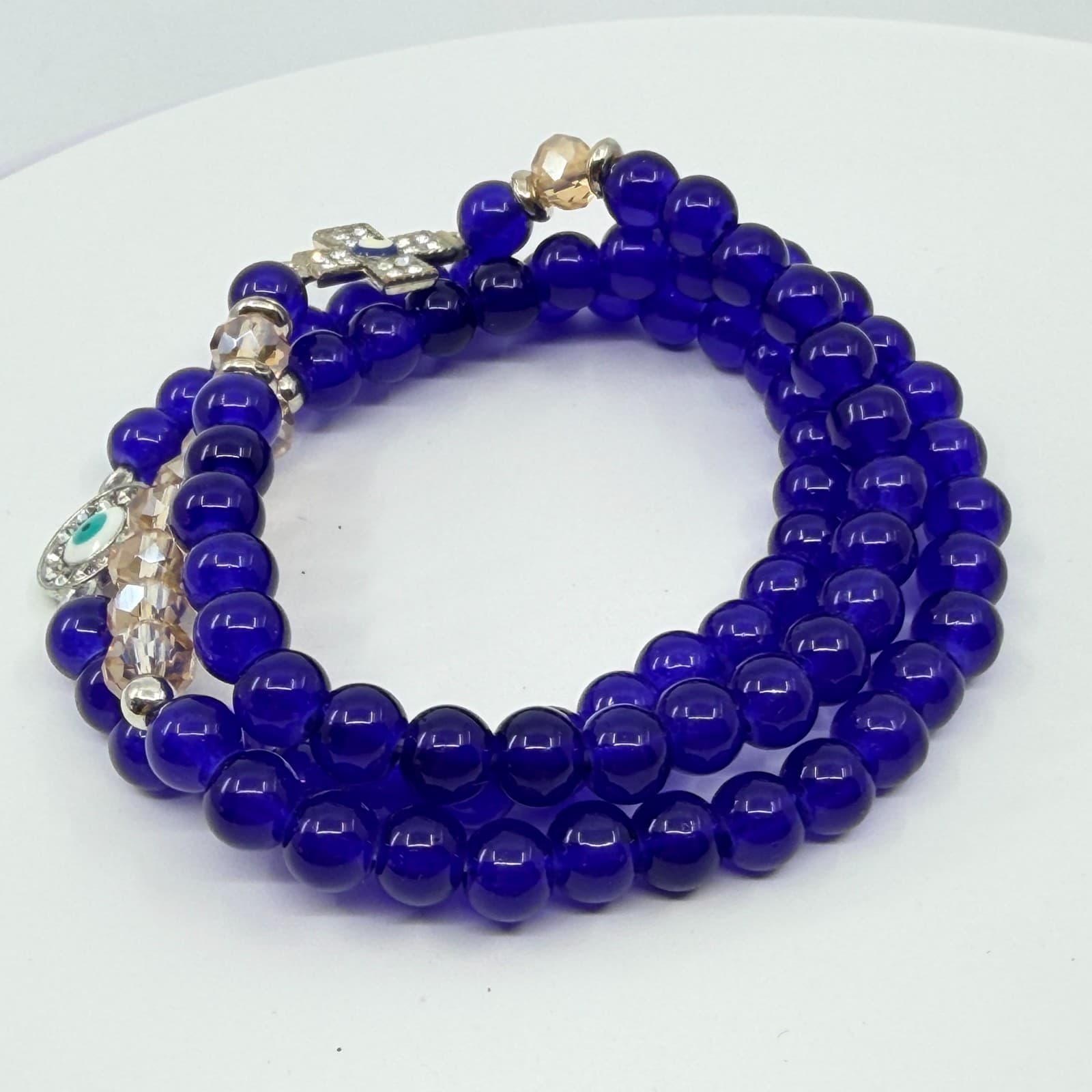 VTG Y2K Cobalt Blue Evil Eye Stretch Bracelet Set Stack Cross Crystal Glass Bead - Thumbnail 7