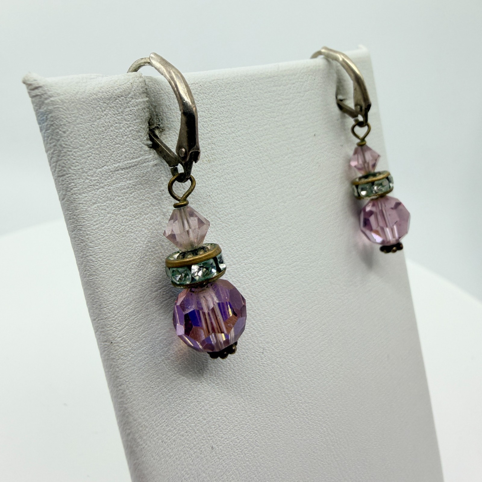 VTG Purple Crystal Dangle Earrings Antique Bronze Tone Rondelle Bead Drop Glam - Thumbnail 2