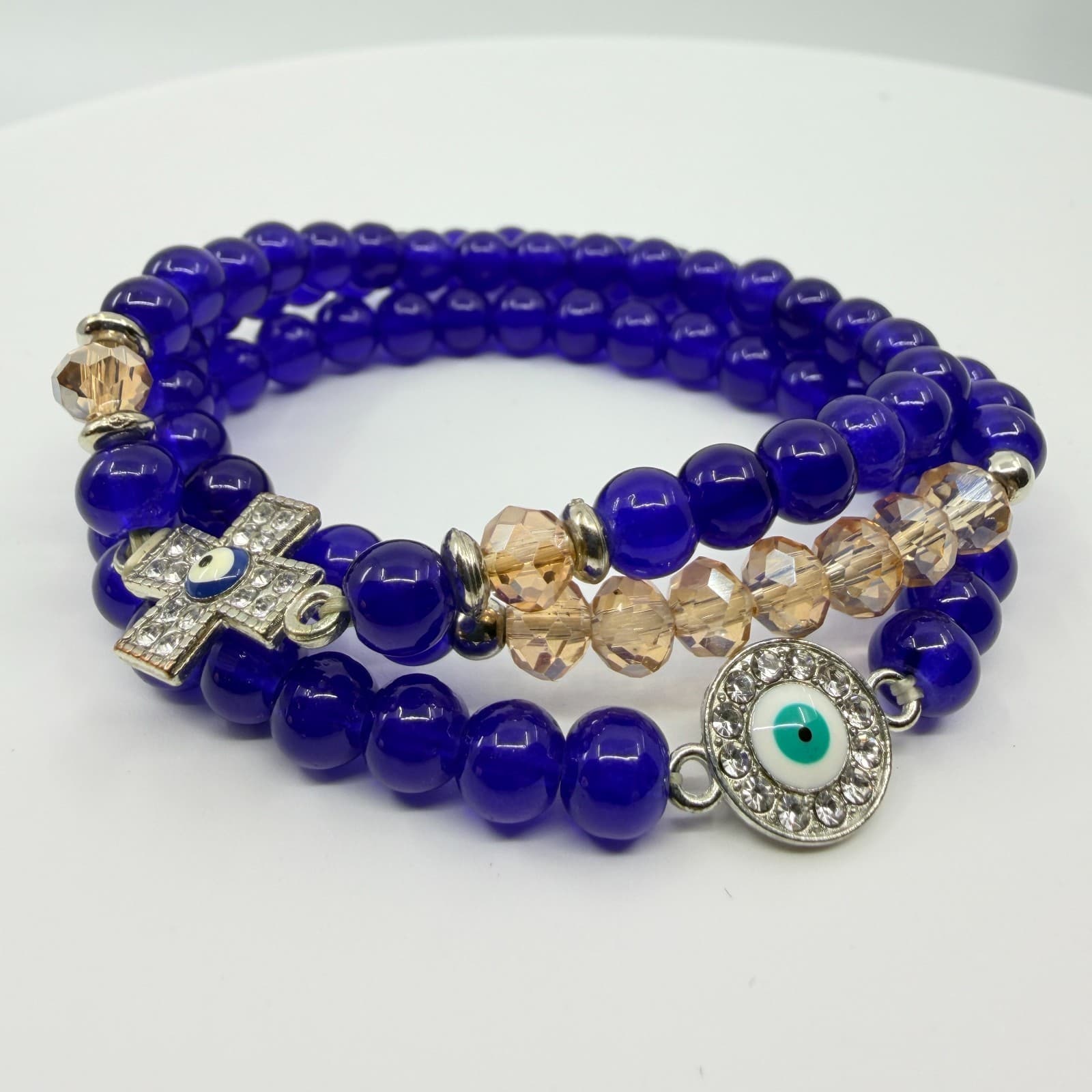 VTG Y2K Cobalt Blue Evil Eye Stretch Bracelet Set Stack Cross Crystal Glass Bead - Thumbnail 2