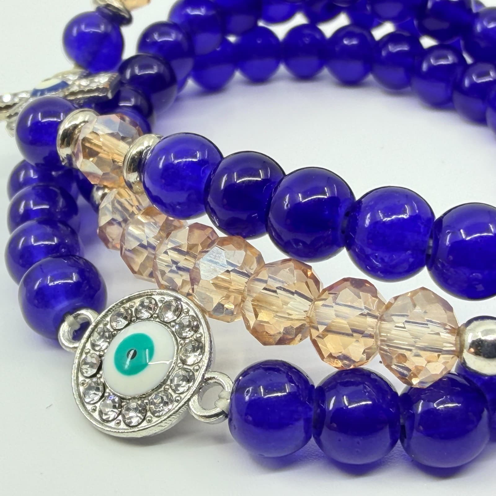 VTG Y2K Cobalt Blue Evil Eye Stretch Bracelet Set Stack Cross Crystal Glass Bead - Thumbnail 8