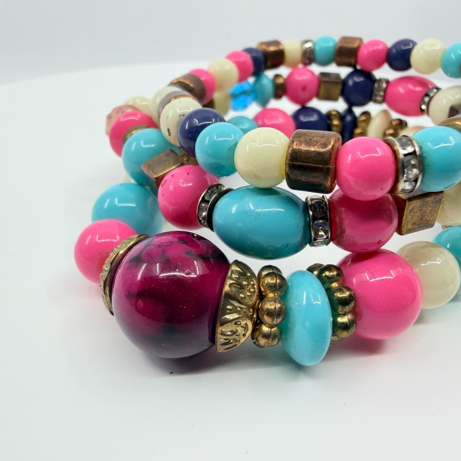 VTG Retro Bright Beaded Stack Bracelet Set Chunky Pink Blue Pop Art Stretch 3PC - Thumbnail 3