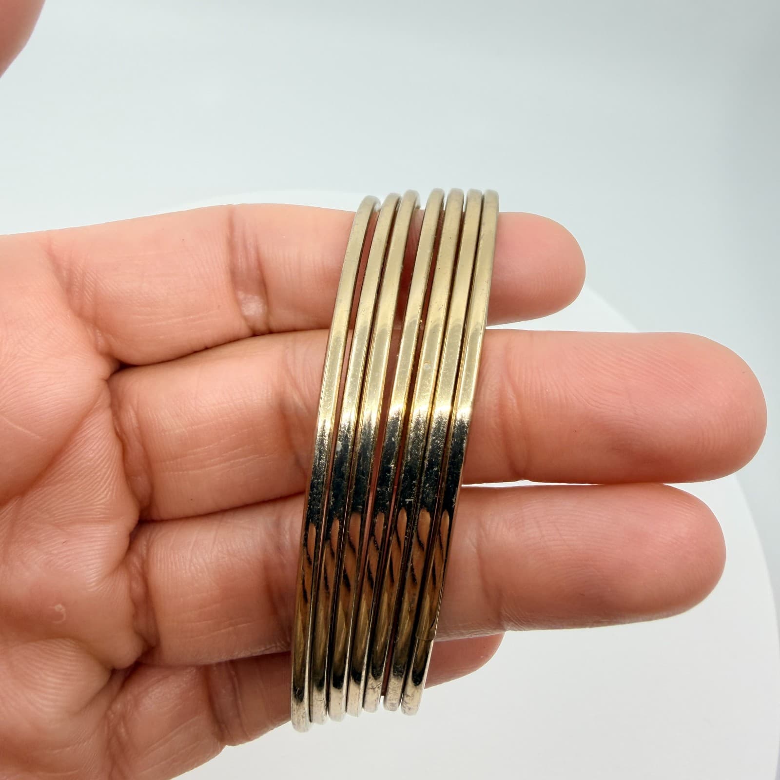 Vintage Gold Tone Skinny Bangle Bracelets Stack Multi Strand High Shine Minimal - Thumbnail 6