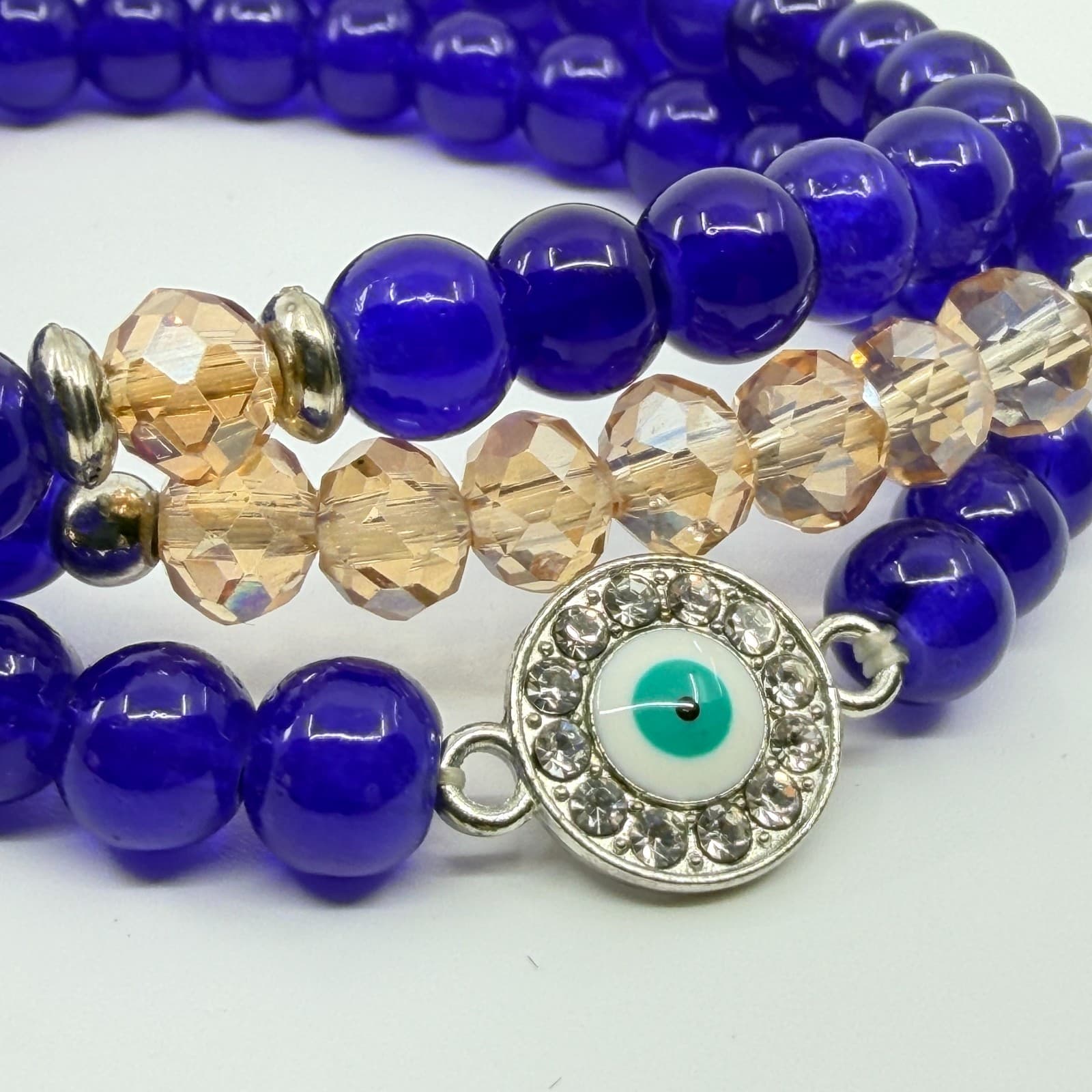 VTG Y2K Cobalt Blue Evil Eye Stretch Bracelet Set Stack Cross Crystal Glass Bead - Thumbnail 4