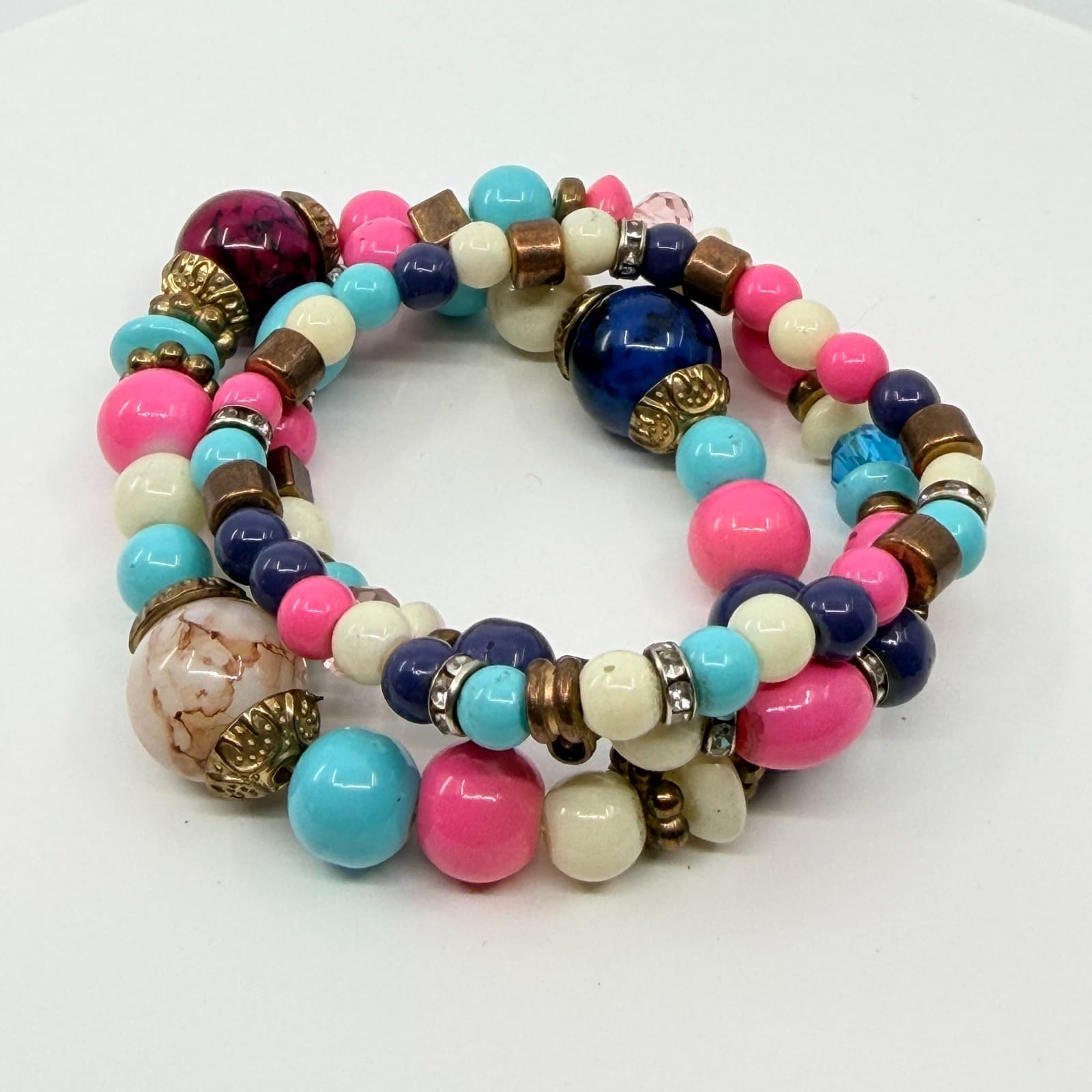 VTG Retro Bright Beaded Stack Bracelet Set Chunky Pink Blue Pop Art Stretch 3PC - Thumbnail 6